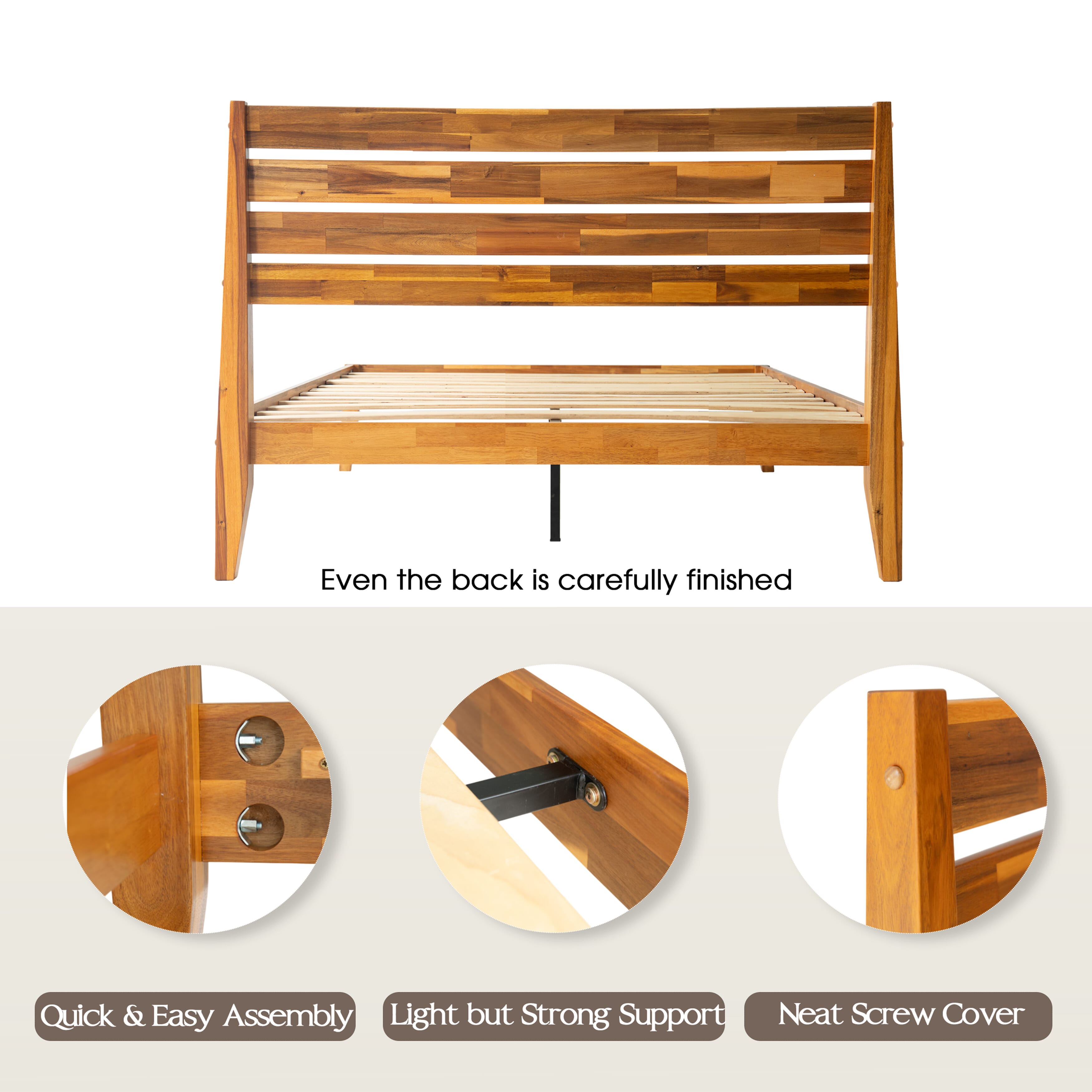Full Size Platform Bed Frame with Solid Wood Headboard & Footboard, 12 Durable Slatted Base with Center Metal Legs, No Box Spring Needed, Anti-Noise & Slip-Free, Acacia Honey Finish, RKF-38