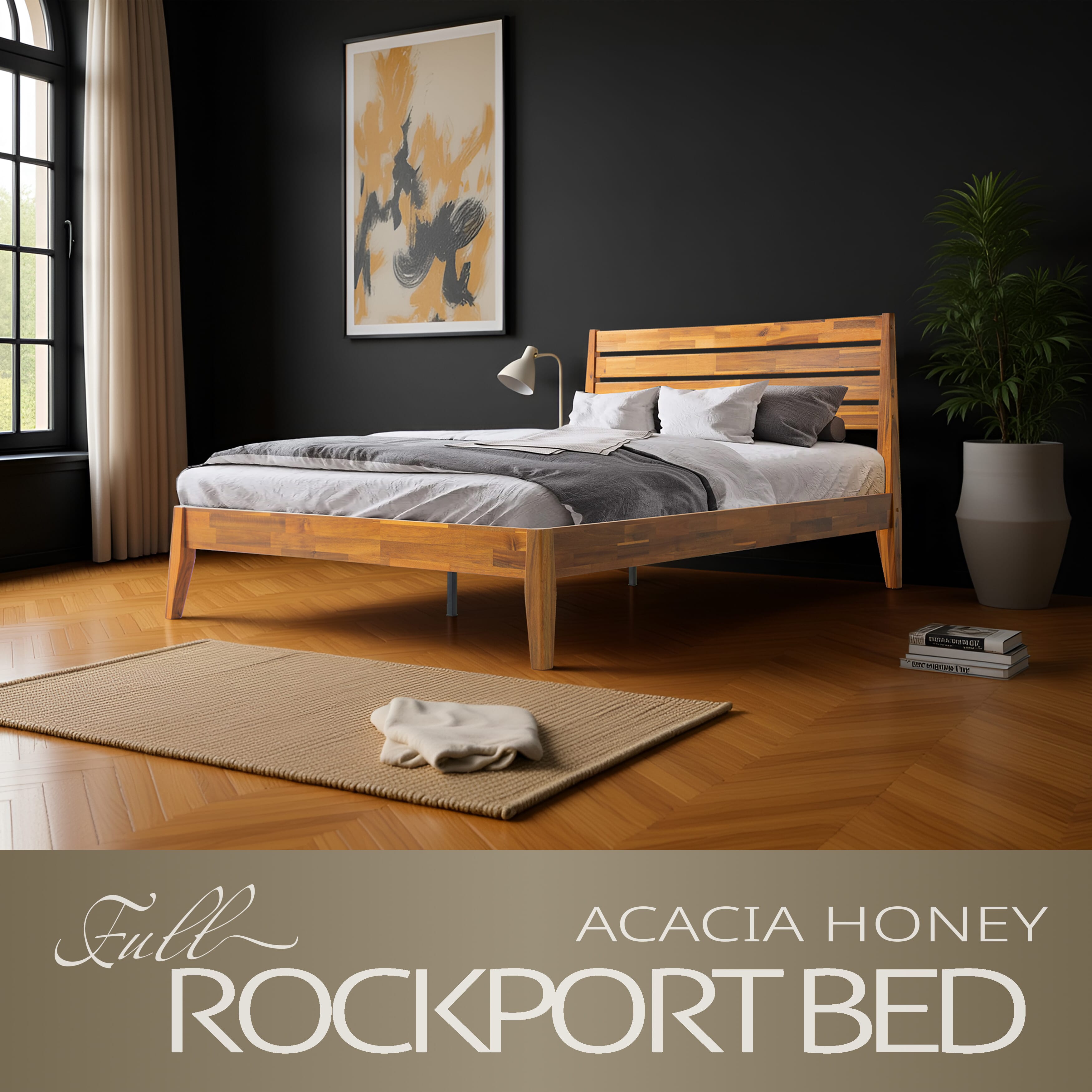 Full Size Platform Bed Frame with Solid Wood Headboard & Footboard, 12 Durable Slatted Base with Center Metal Legs, No Box Spring Needed, Anti-Noise & Slip-Free, Acacia Honey Finish, RKF-38