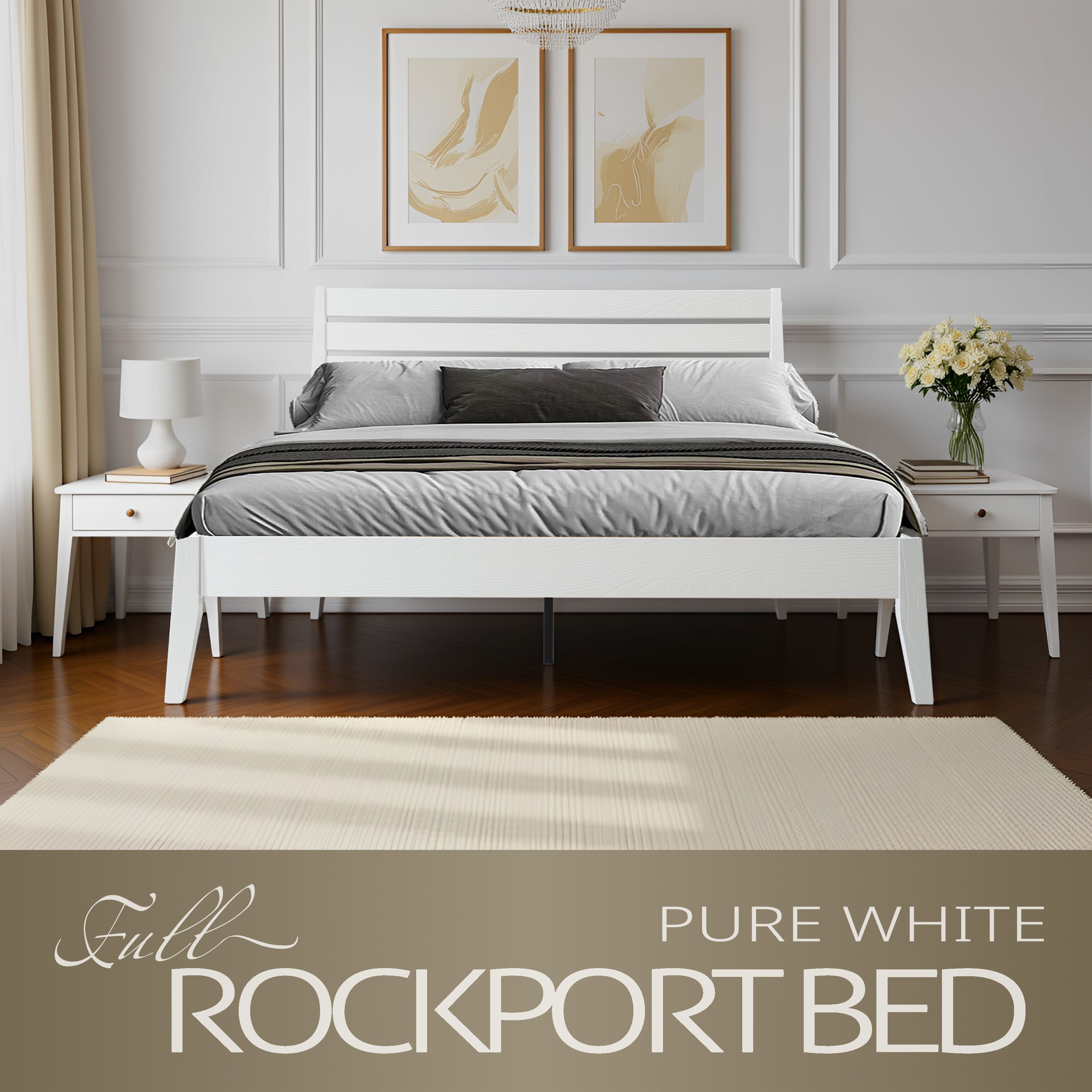 Full Size Solid Wood Platform Bed Frame with Headboard and Footboard, 12 Sturdy Slats, Center Metal Legs, Easy Assembly, No Box Spring Needed, Anti-Noise & Slip-Free Design, Pure White Finish, RKF-39