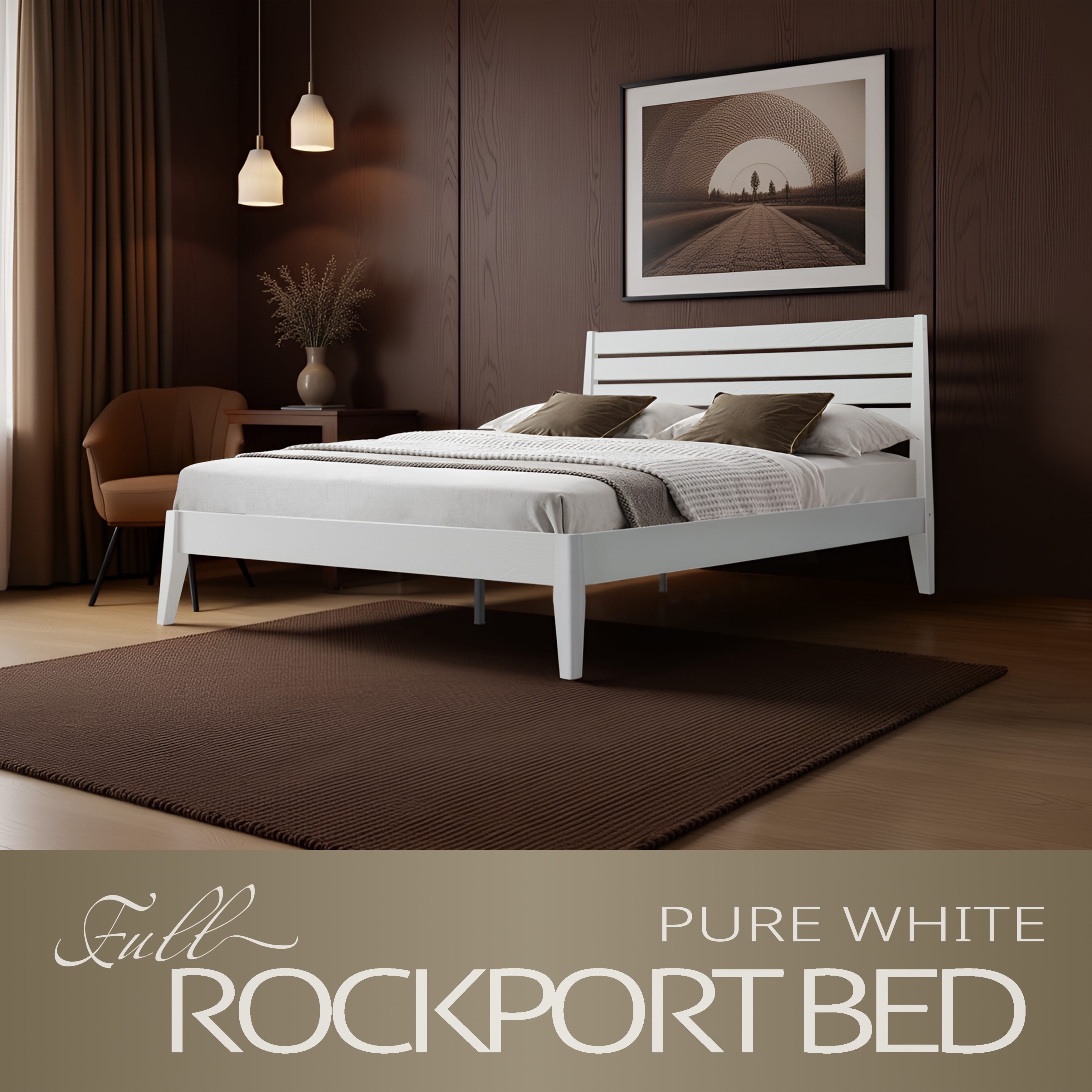 Full Size Solid Wood Platform Bed Frame with Headboard and Footboard, 12 Sturdy Slats, Center Metal Legs, Easy Assembly, No Box Spring Needed, Anti-Noise & Slip-Free Design, Pure White Finish, RKF-39
