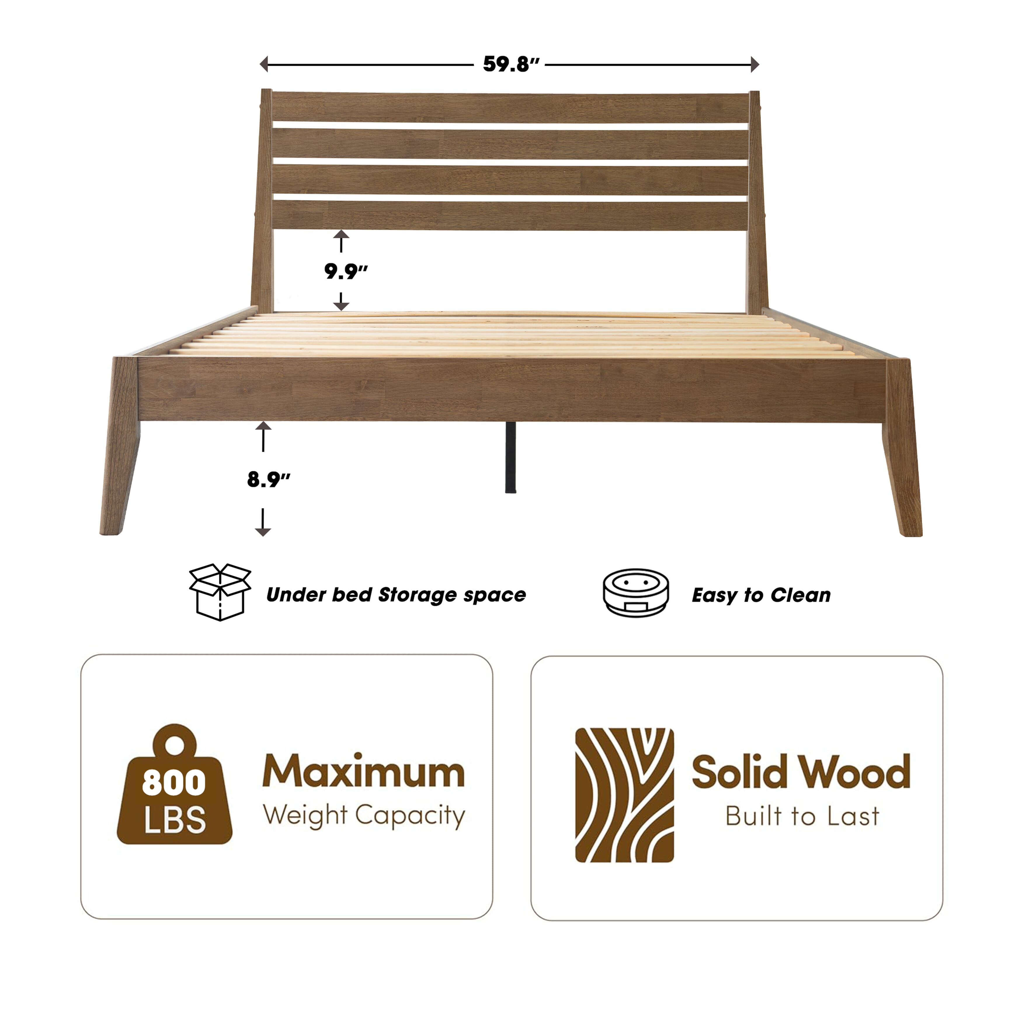 Queen Size Bed Frame, Solid Wood Platform Bed with Headboard & Footboard, Center Metal Legs, 12 Strong Slatted Base, No Box Spring Needed, Anti-Noise & Slip-Free Easy Assembly, Barnwood Finish, RKQ-30