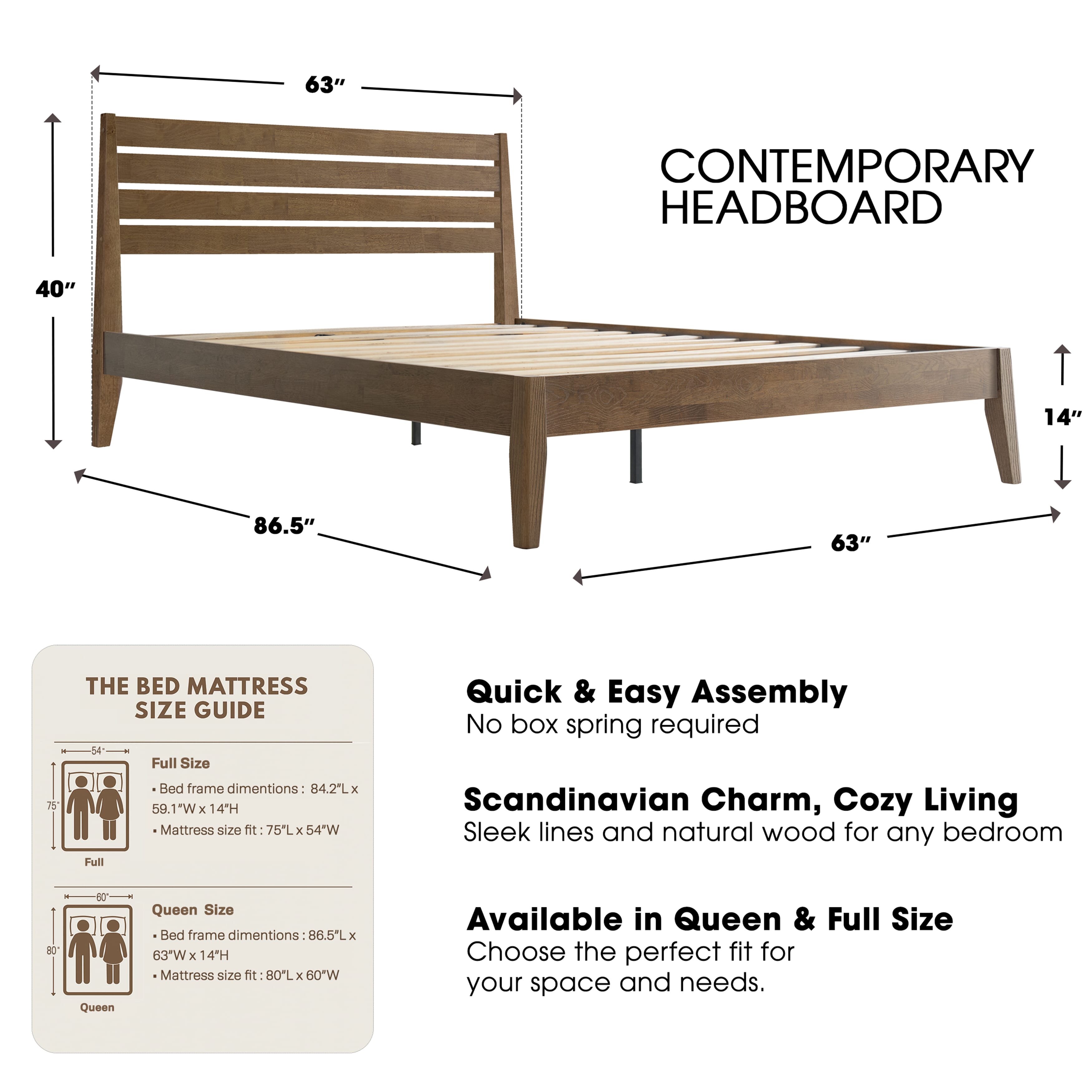 Queen Size Bed Frame, Solid Wood Platform Bed with Headboard & Footboard, Center Metal Legs, 12 Strong Slatted Base, No Box Spring Needed, Anti-Noise & Slip-Free Easy Assembly, Barnwood Finish, RKQ-30