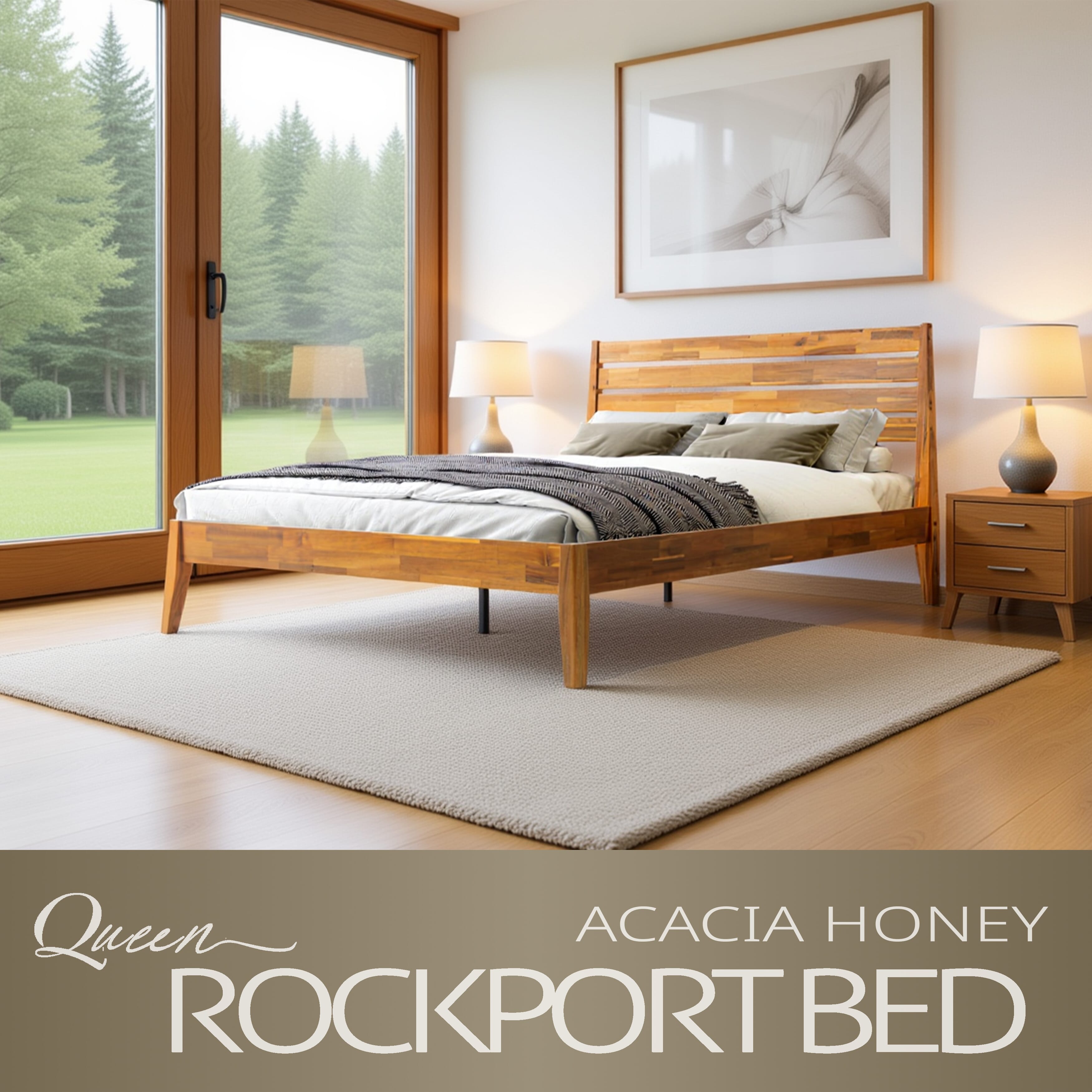 Queen Size Platform Bed Frame with Headboard & Footboard, Center Metal Legs, 12 Solid Wood Sturdy Slatted Base, No Box Spring Needed, Easy Assembly, Anti-Noise & Slip-Free, Acacia Honey Finish, RKQ-38