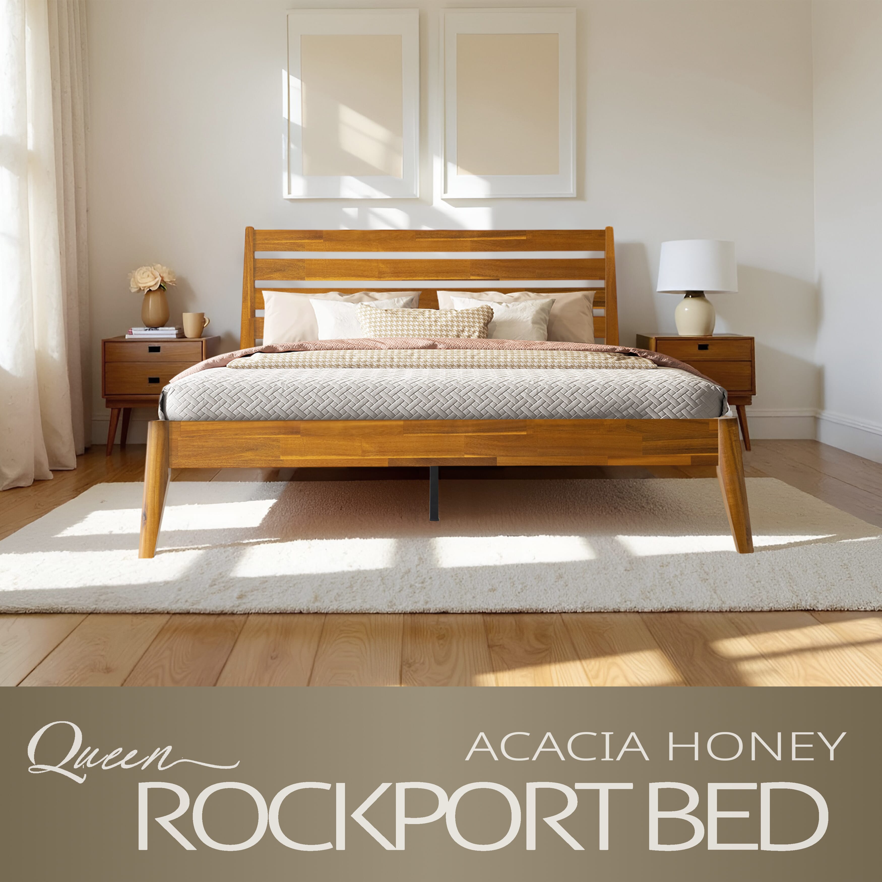 Queen Size Platform Bed Frame with Headboard & Footboard, Center Metal Legs, 12 Solid Wood Sturdy Slatted Base, No Box Spring Needed, Easy Assembly, Anti-Noise & Slip-Free, Acacia Honey Finish, RKQ-38