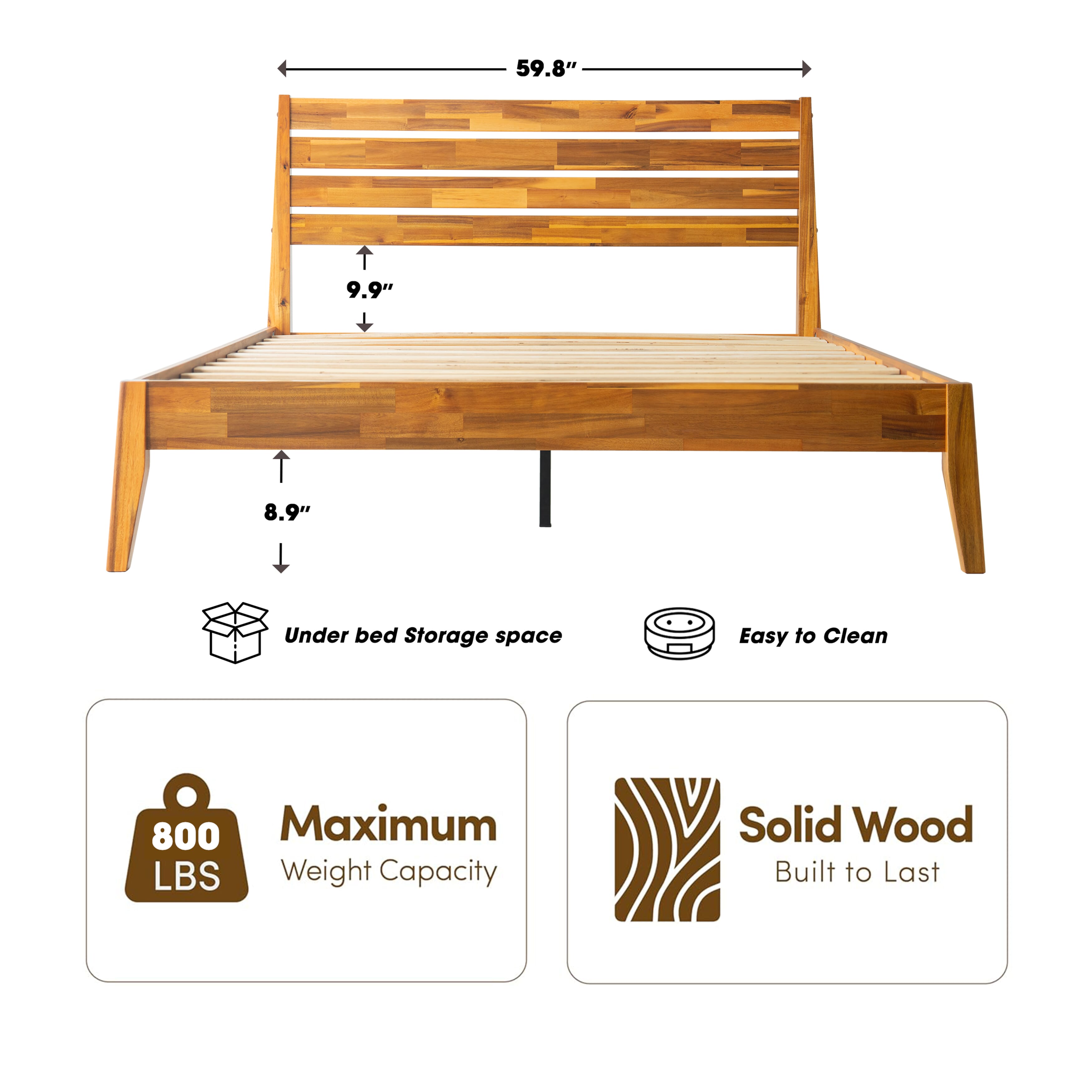Queen Size Platform Bed Frame with Headboard & Footboard, Center Metal Legs, 12 Solid Wood Sturdy Slatted Base, No Box Spring Needed, Easy Assembly, Anti-Noise & Slip-Free, Acacia Honey Finish, RKQ-38