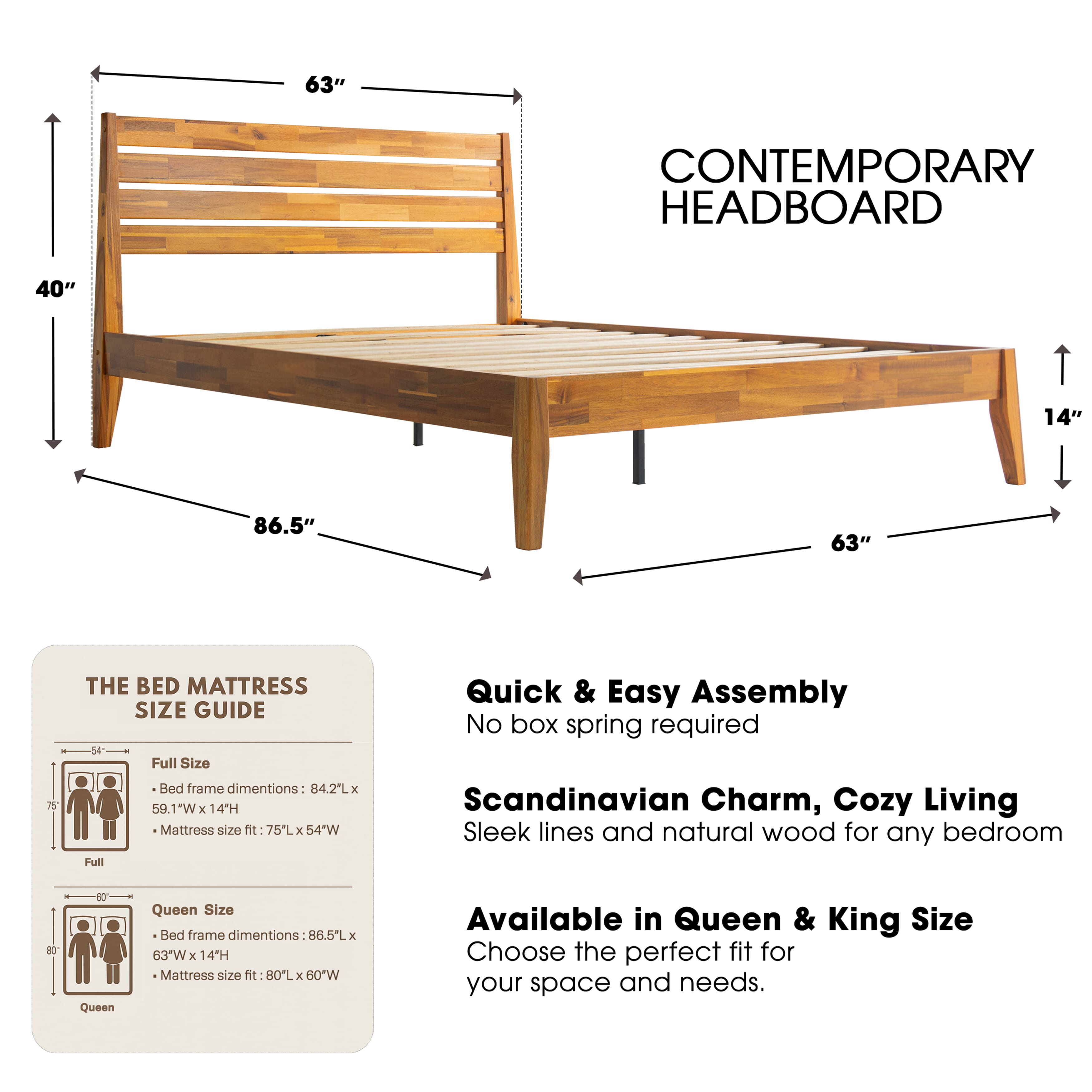 Queen Size Platform Bed Frame with Headboard & Footboard, Center Metal Legs, 12 Solid Wood Sturdy Slatted Base, No Box Spring Needed, Easy Assembly, Anti-Noise & Slip-Free, Acacia Honey Finish, RKQ-38