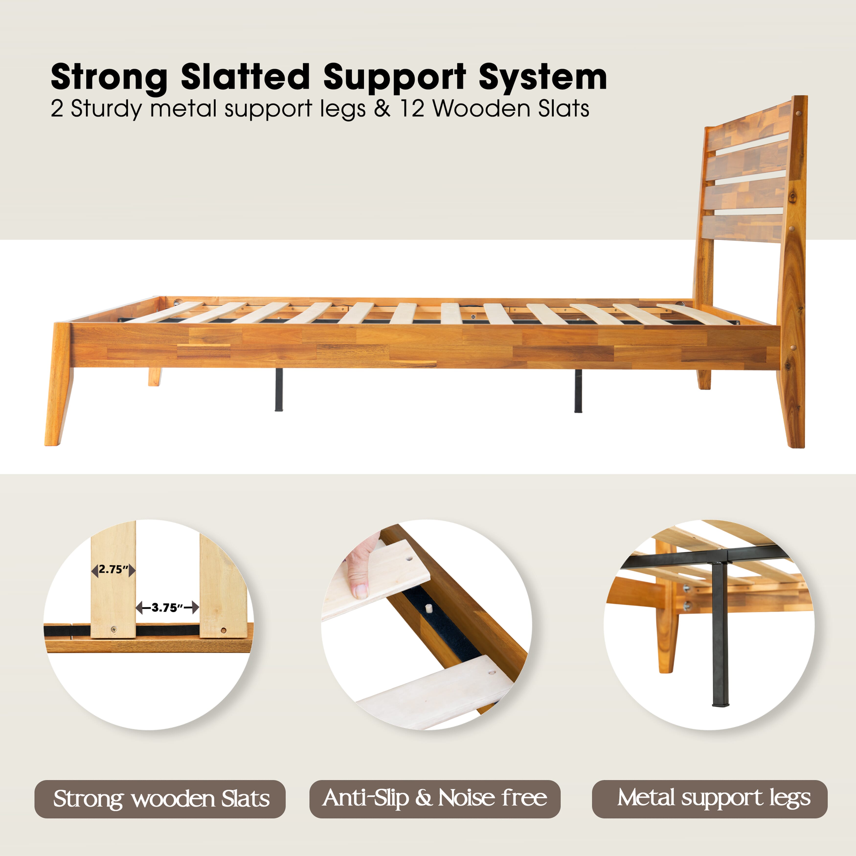 Queen Size Platform Bed Frame with Headboard & Footboard, Center Metal Legs, 12 Solid Wood Sturdy Slatted Base, No Box Spring Needed, Easy Assembly, Anti-Noise & Slip-Free, Acacia Honey Finish, RKQ-38