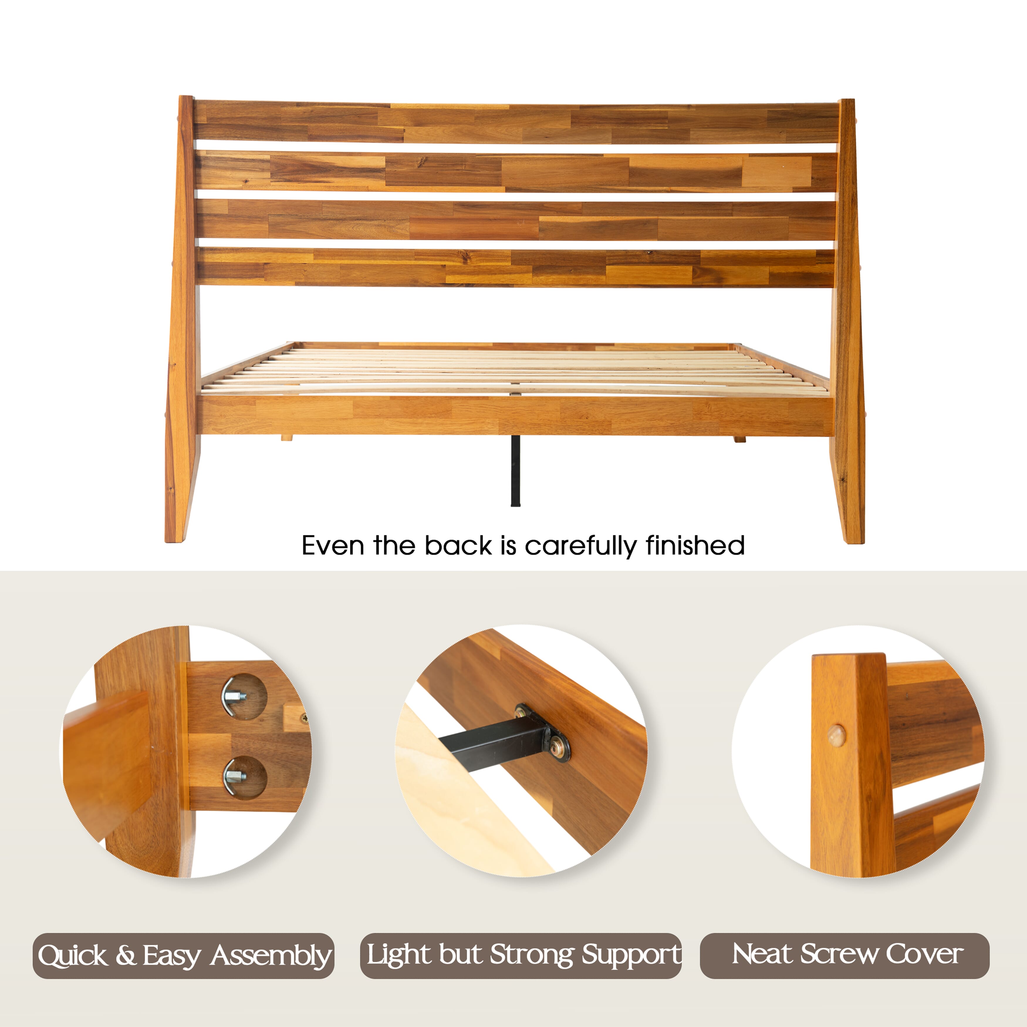 Queen Size Platform Bed Frame with Headboard & Footboard, Center Metal Legs, 12 Solid Wood Sturdy Slatted Base, No Box Spring Needed, Easy Assembly, Anti-Noise & Slip-Free, Acacia Honey Finish, RKQ-38