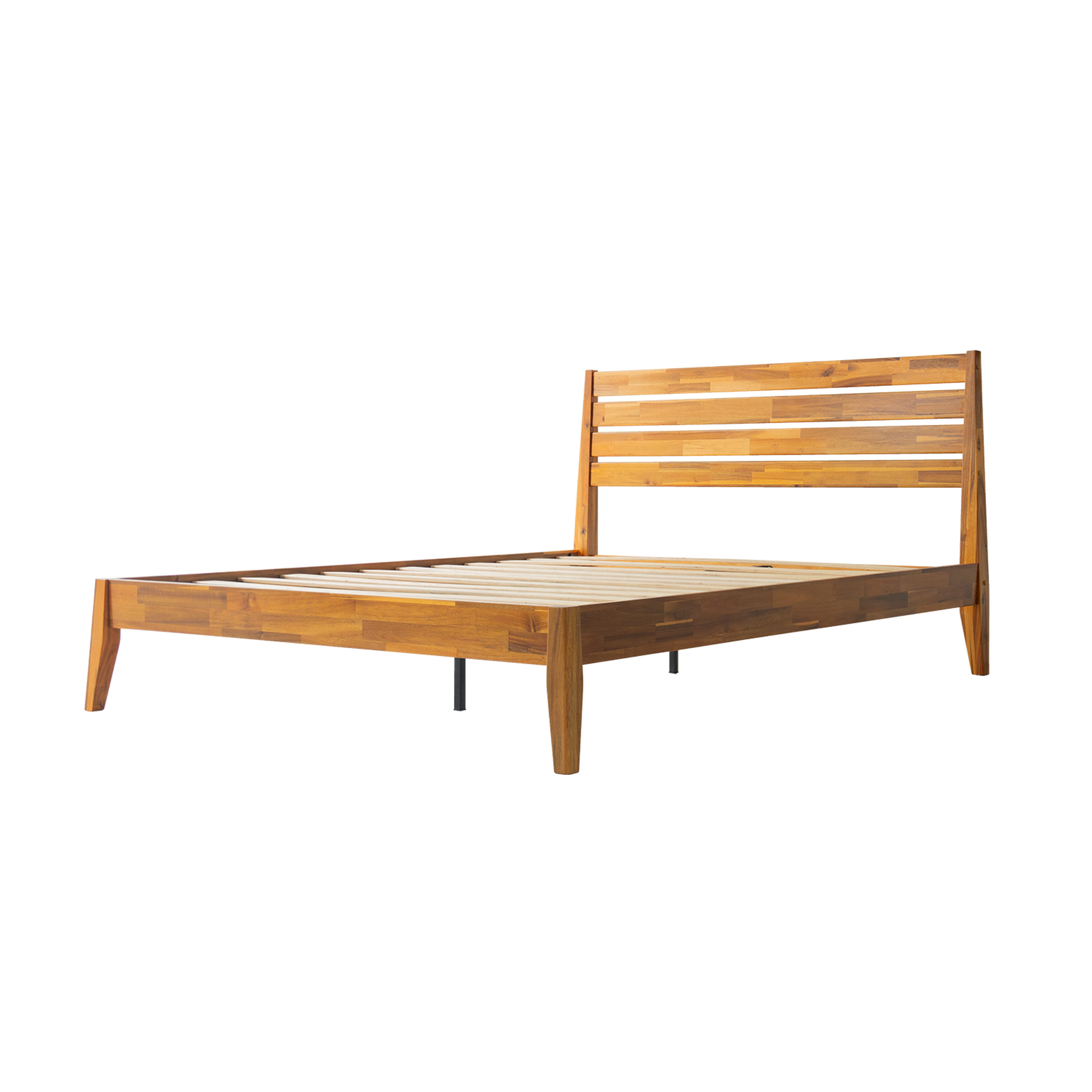 Queen Size Platform Bed Frame with Headboard & Footboard, Center Metal Legs, 12 Solid Wood Sturdy Slatted Base, No Box Spring Needed, Easy Assembly, Anti-Noise & Slip-Free, Acacia Honey Finish, RKQ-38