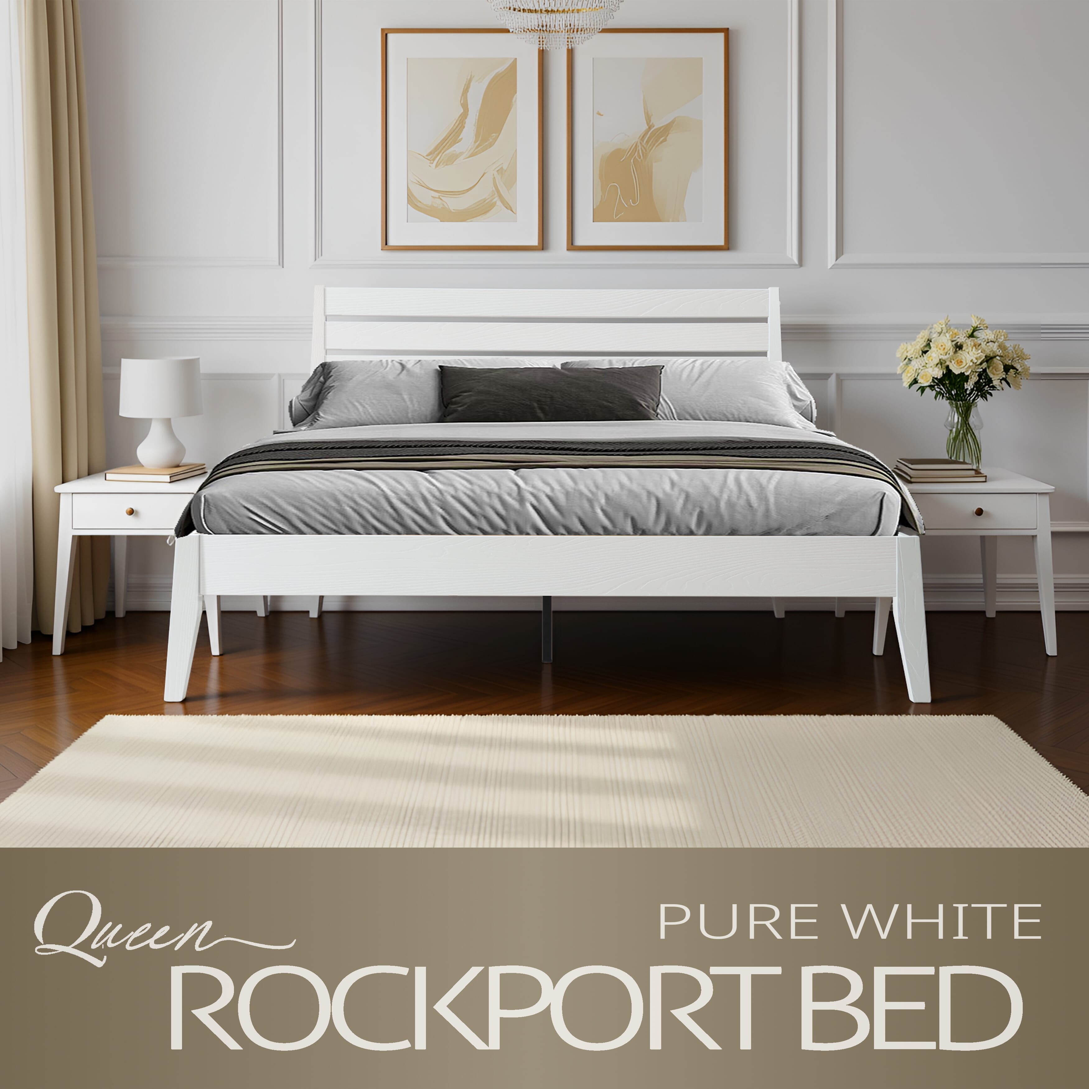 Queen Size Platform Bed Frame with Solid Wood Headboard & Footboard, Center Metal Legs, 12 Heavy-Duty Slatted Base, Anti-Noise & Slip Free, No Box Spring Needed, Pure White Finish, RKQ-39