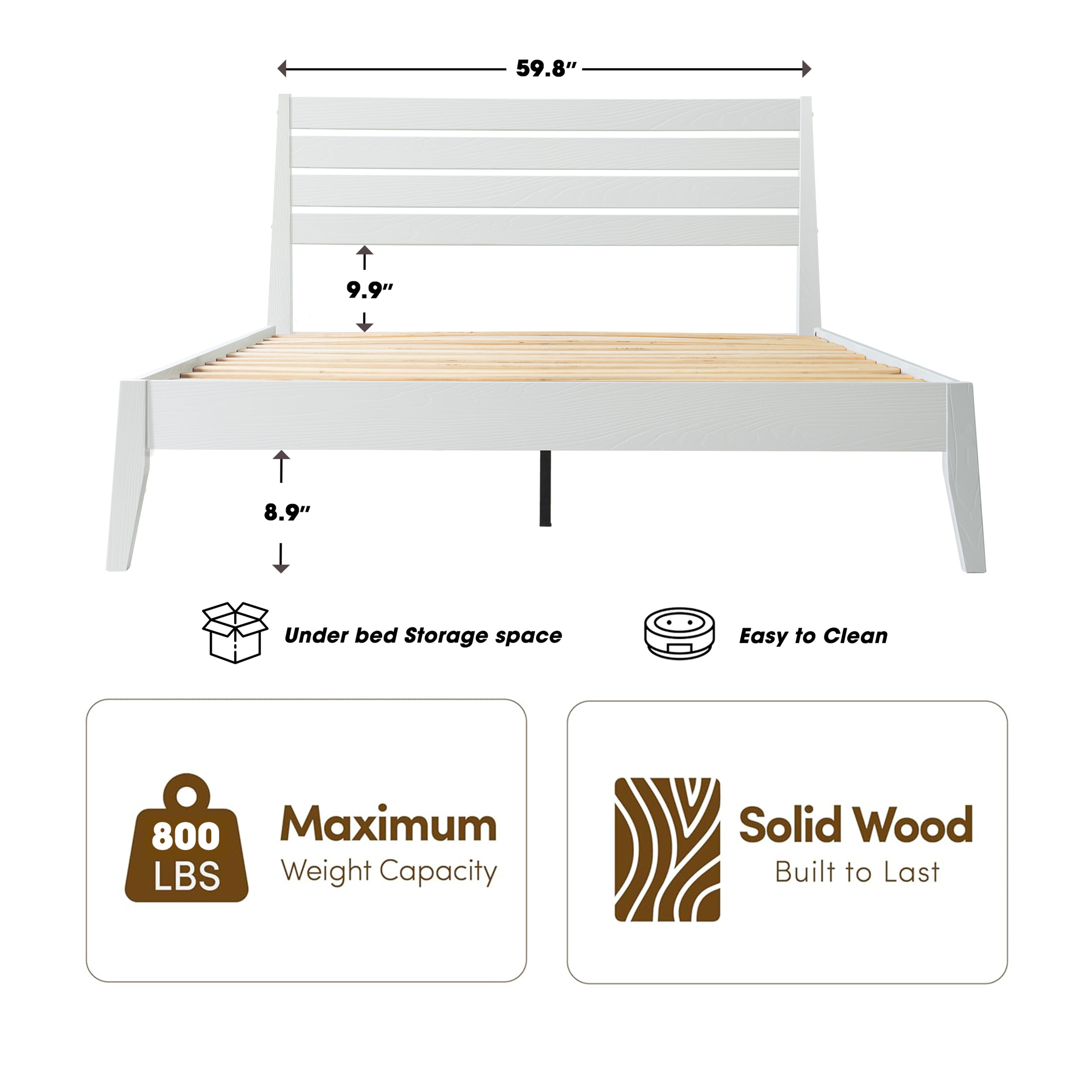 Queen Size Platform Bed Frame with Solid Wood Headboard & Footboard, Center Metal Legs, 12 Heavy-Duty Slatted Base, Anti-Noise & Slip Free, No Box Spring Needed, Pure White Finish, RKQ-39