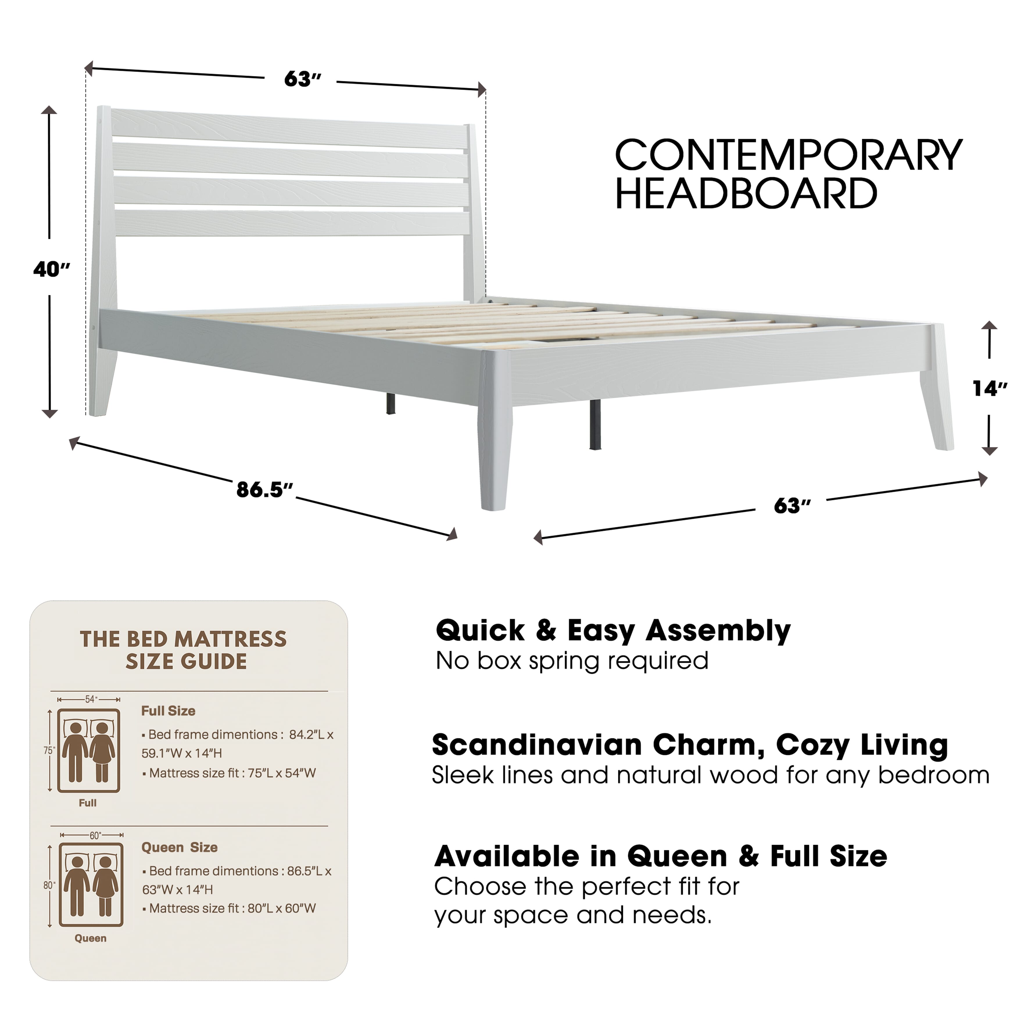 Queen Size Platform Bed Frame with Solid Wood Headboard & Footboard, Center Metal Legs, 12 Heavy-Duty Slatted Base, Anti-Noise & Slip Free, No Box Spring Needed, Pure White Finish, RKQ-39