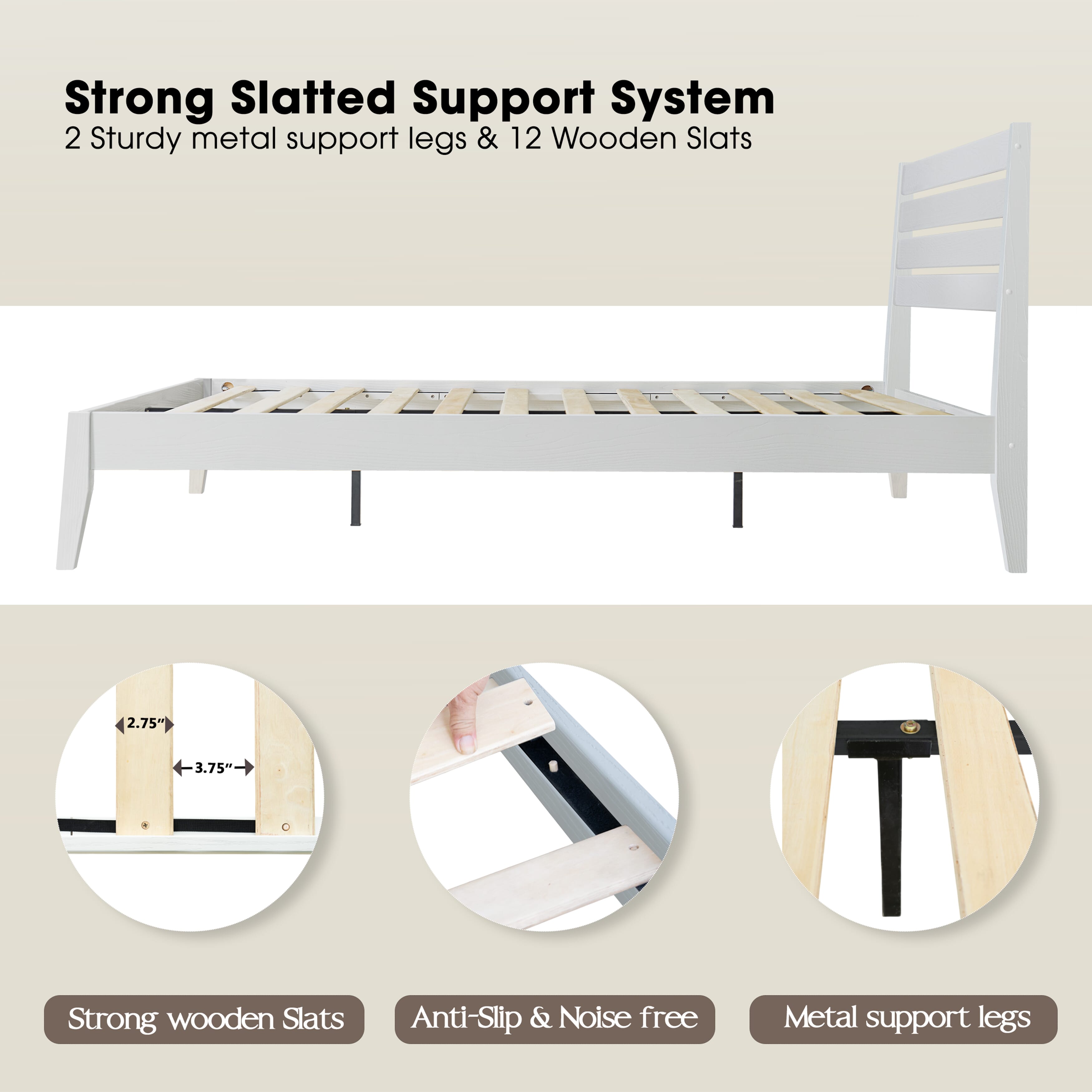 Queen Size Platform Bed Frame with Solid Wood Headboard & Footboard, Center Metal Legs, 12 Heavy-Duty Slatted Base, Anti-Noise & Slip Free, No Box Spring Needed, Pure White Finish, RKQ-39
