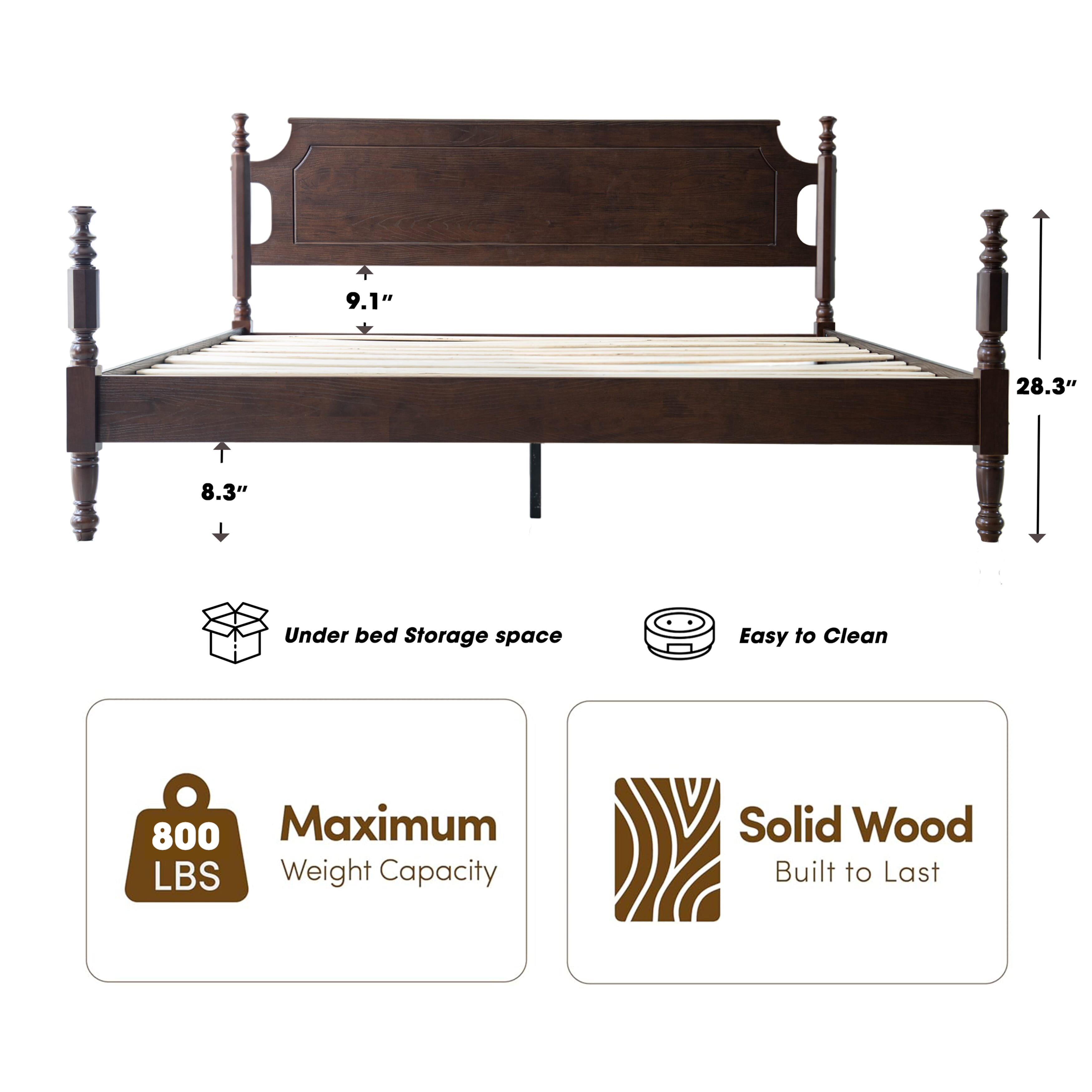 King Size Solid Wood Platform Bed Frame with Headboard & Footboard, 12 Strong Slats Base, Central Metal Legs, No Box Spring Needed, Easy Assembly, Anti-Noise & Slip-Free, Dark Roast Oak Finish, ROK-32