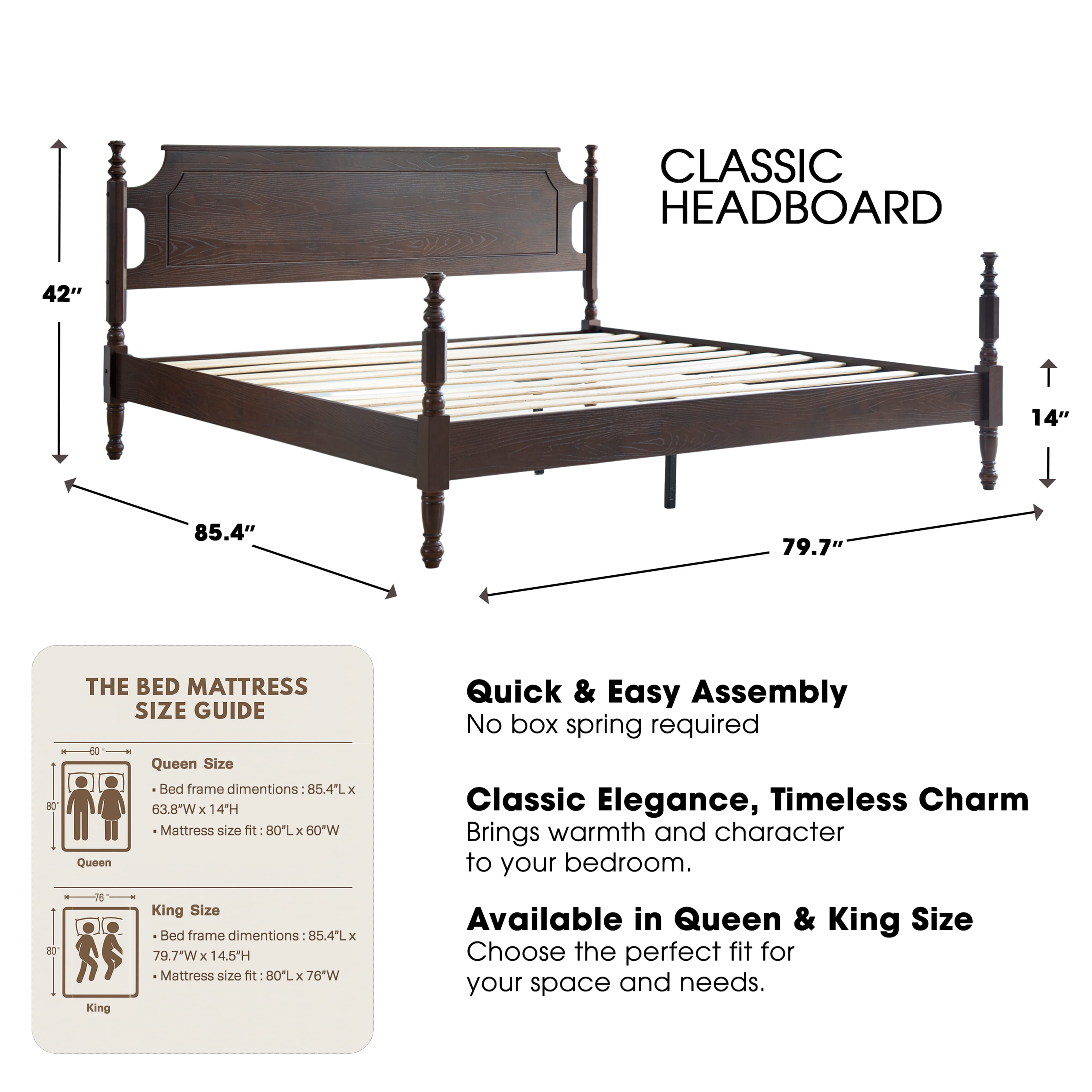 King Size Solid Wood Platform Bed Frame with Headboard & Footboard, 12 Strong Slats Base, Central Metal Legs, No Box Spring Needed, Easy Assembly, Anti-Noise & Slip-Free, Dark Roast Oak Finish, ROK-32