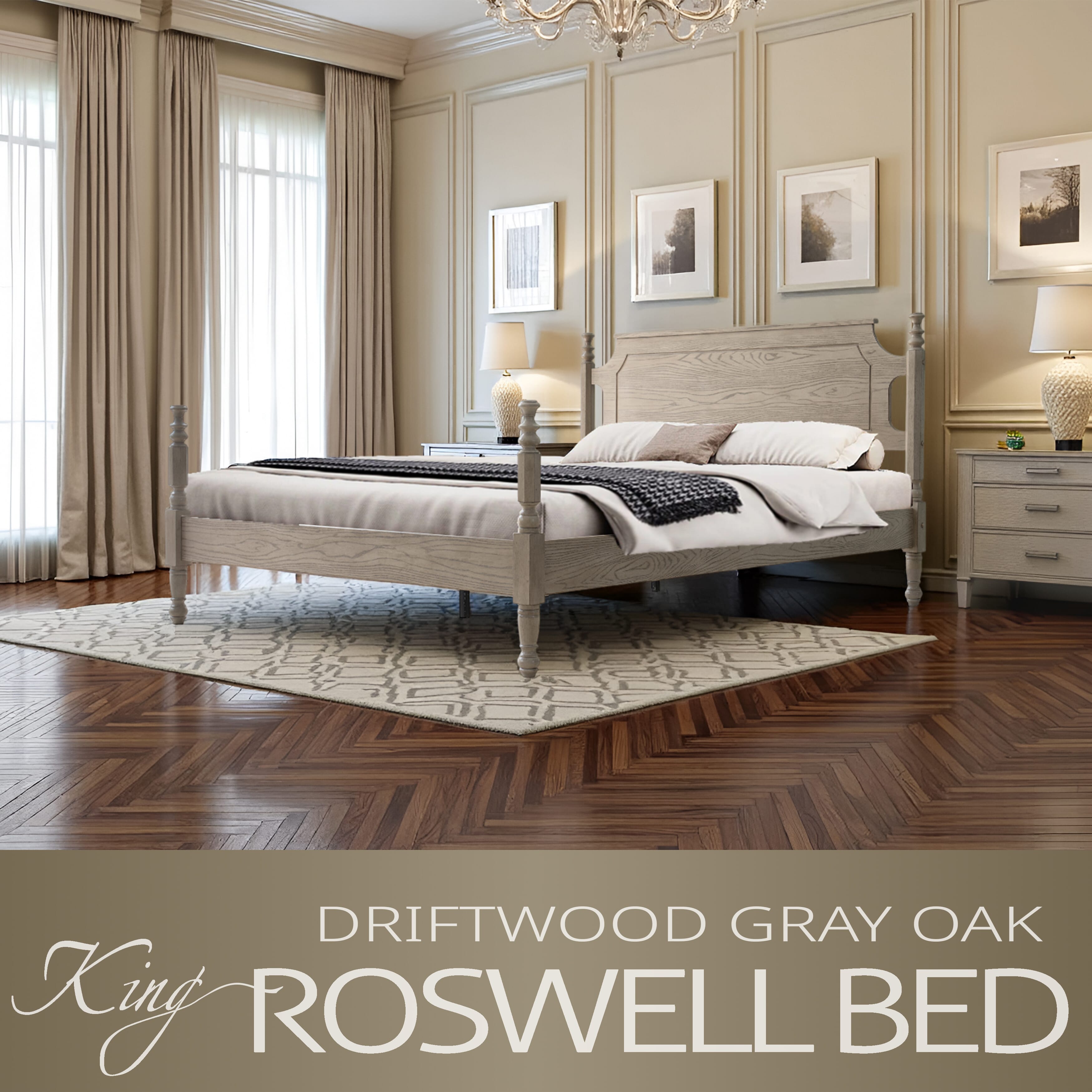 King Size Solid Wood Platform Bed Frame, Headboard & Footboard, 12 Sturdy Slats Base, Center Metal Legs, Noise-Free & Slip-Free, No Box Spring Needed, Easy Assembly, Driftwood Gray Oak Finish, ROK-33