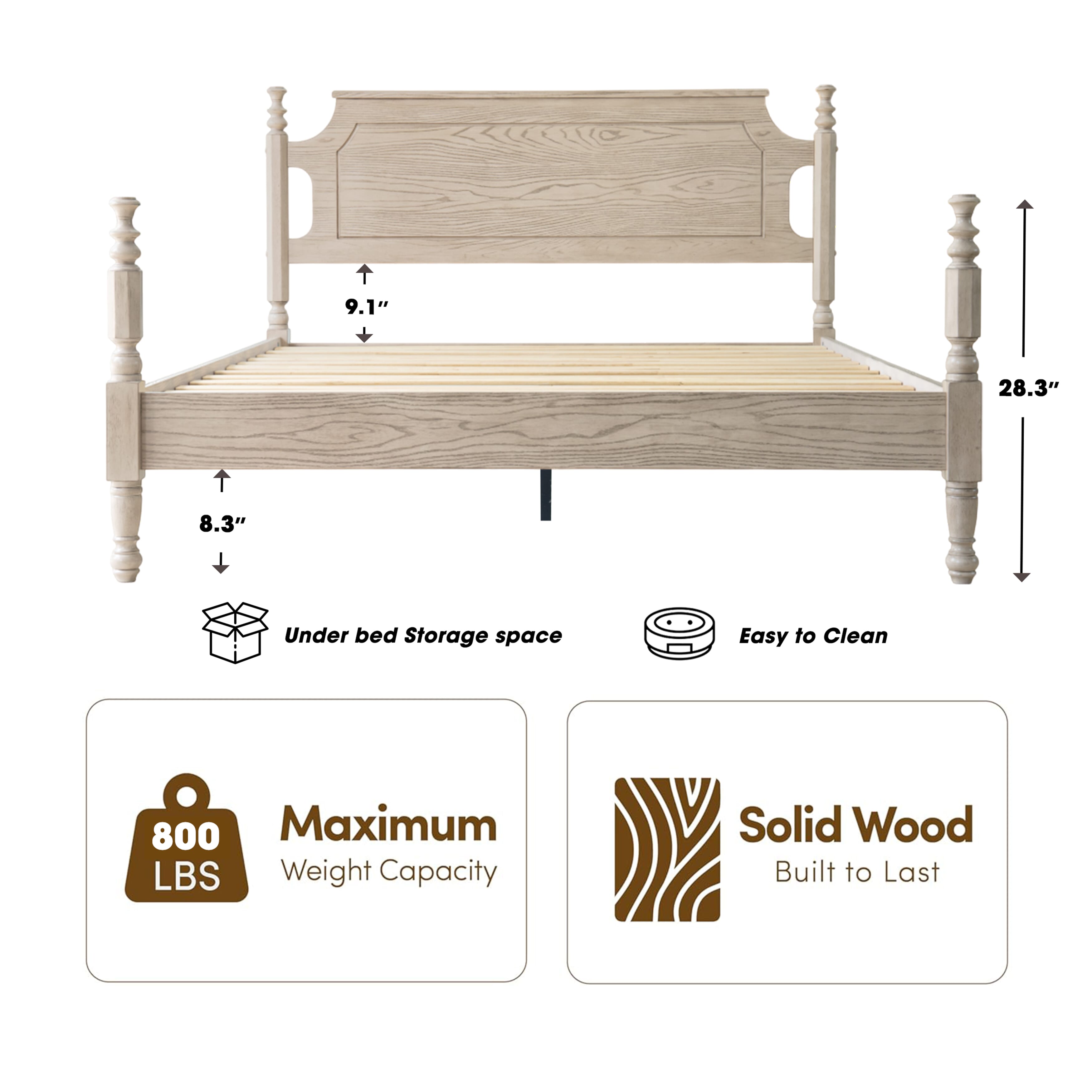 King Size Solid Wood Platform Bed Frame, Headboard & Footboard, 12 Sturdy Slats Base, Center Metal Legs, Noise-Free & Slip-Free, No Box Spring Needed, Easy Assembly, Driftwood Gray Oak Finish, ROK-33