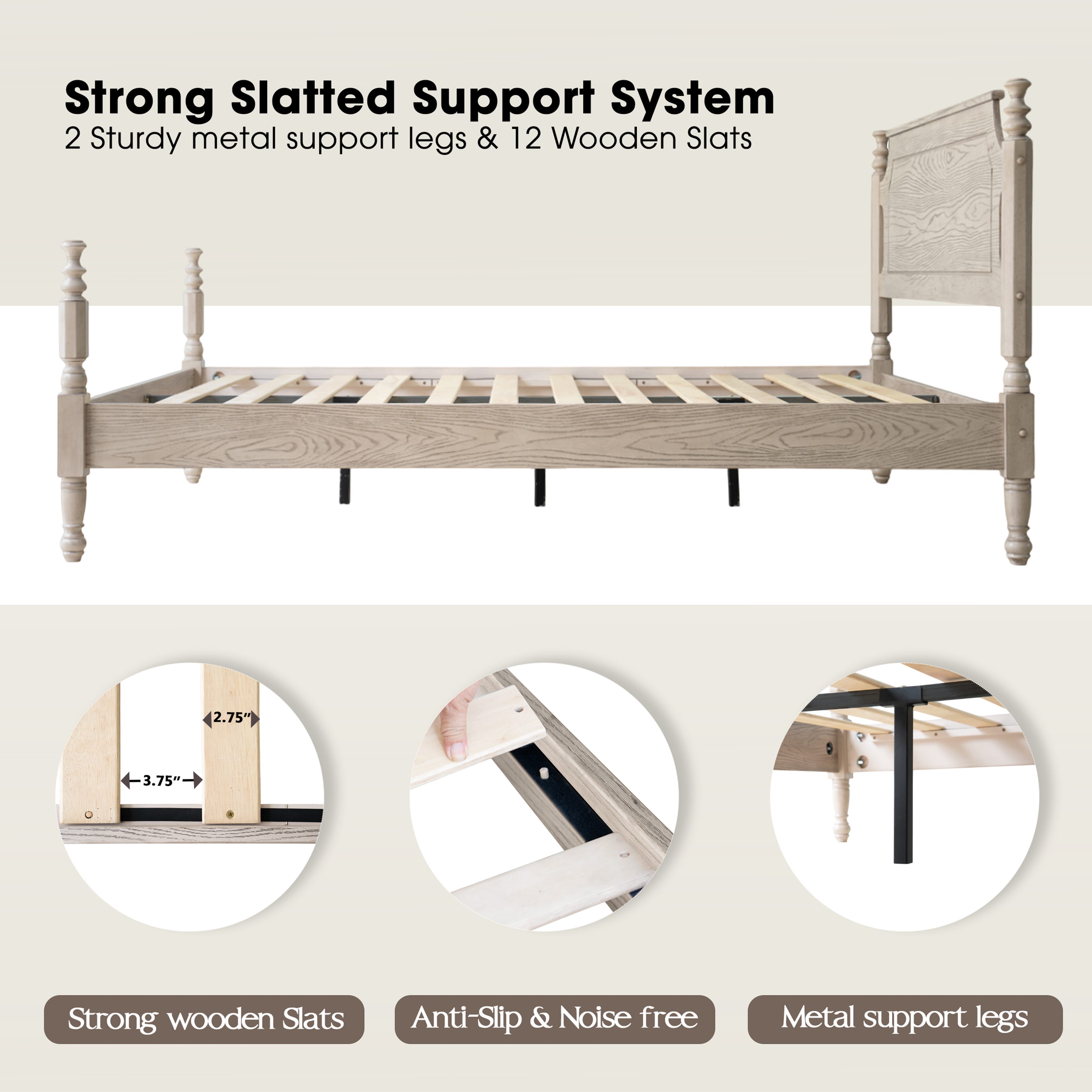 King Size Solid Wood Platform Bed Frame, Headboard & Footboard, 12 Sturdy Slats Base, Center Metal Legs, Noise-Free & Slip-Free, No Box Spring Needed, Easy Assembly, Driftwood Gray Oak Finish, ROK-33