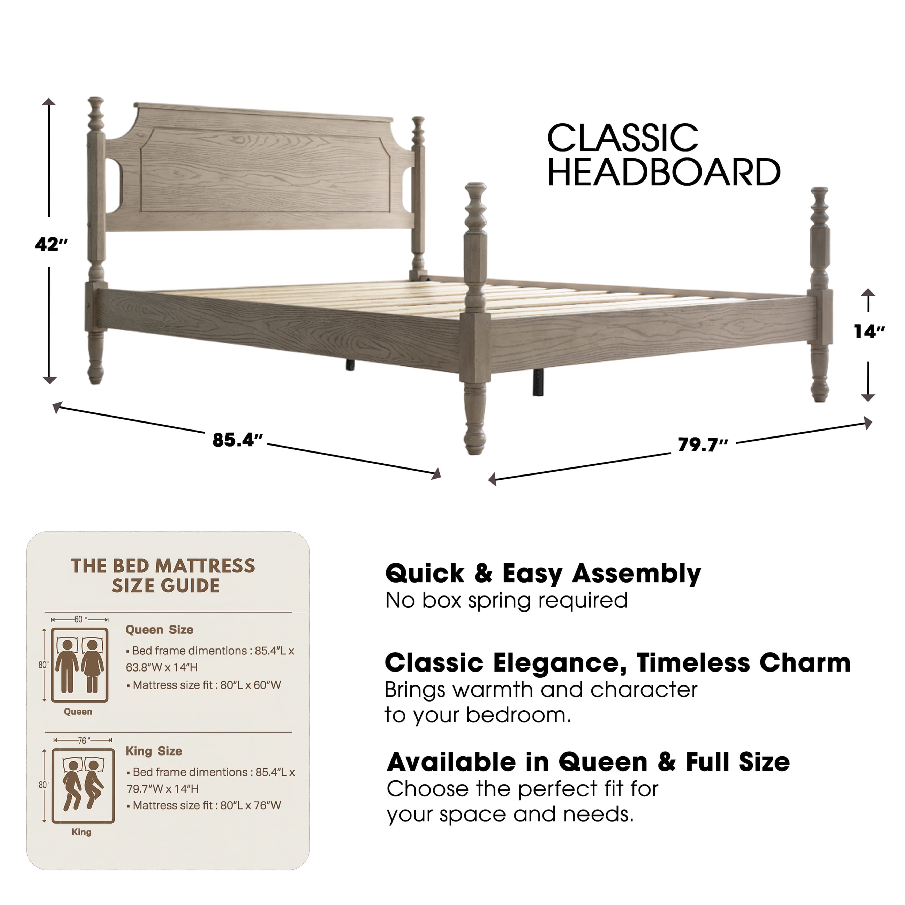 King Size Solid Wood Platform Bed Frame, Headboard & Footboard, 12 Sturdy Slats Base, Center Metal Legs, Noise-Free & Slip-Free, No Box Spring Needed, Easy Assembly, Driftwood Gray Oak Finish, ROK-33