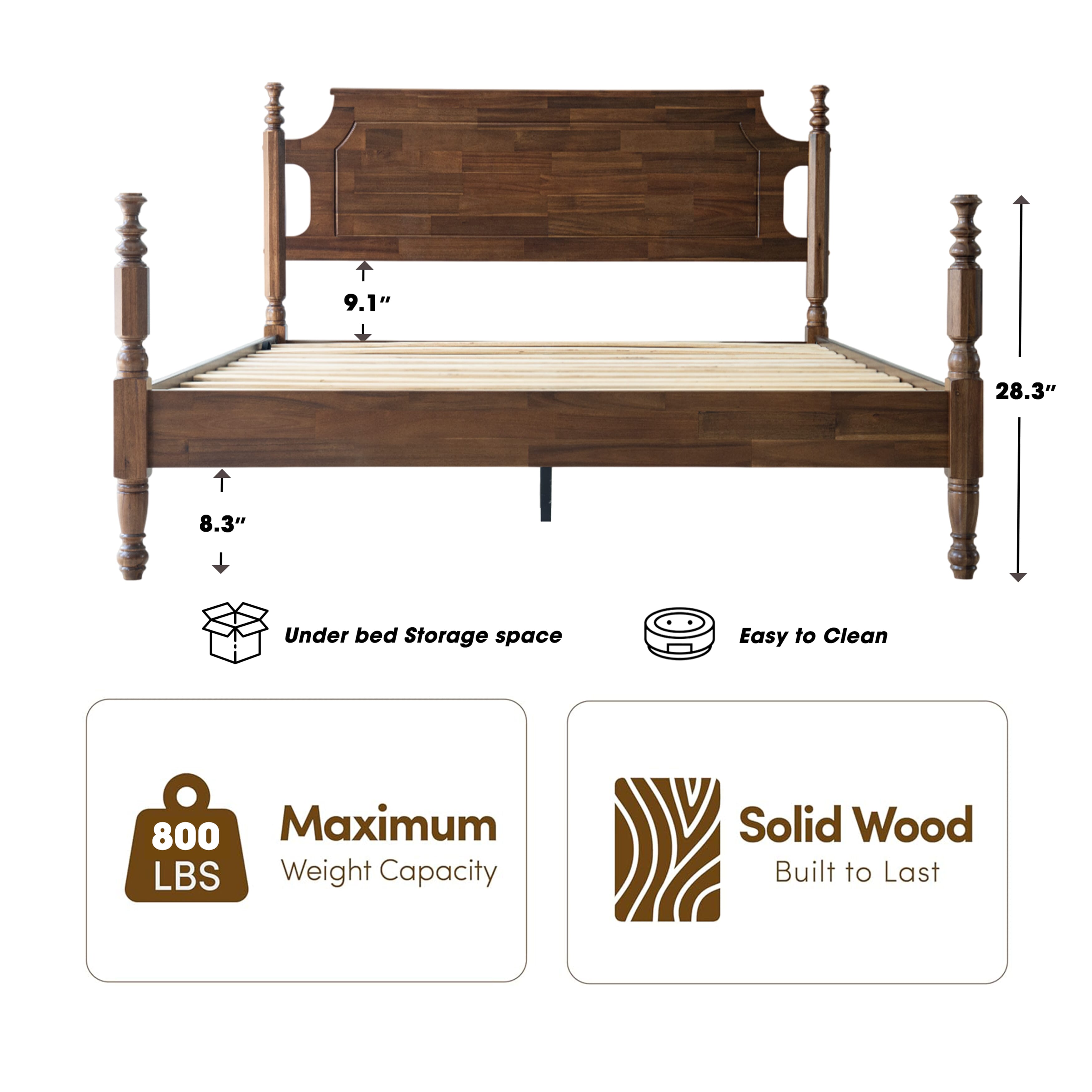 King Size Platform Bed Frame with Headboard & Footboard, Center Metal Legs with Solid Wood 12 Sturdy Slatted, Easy Assembly, No Box Spring Needed, Anti-Noise & Slip-Free, Walnut Finish, ROK-37