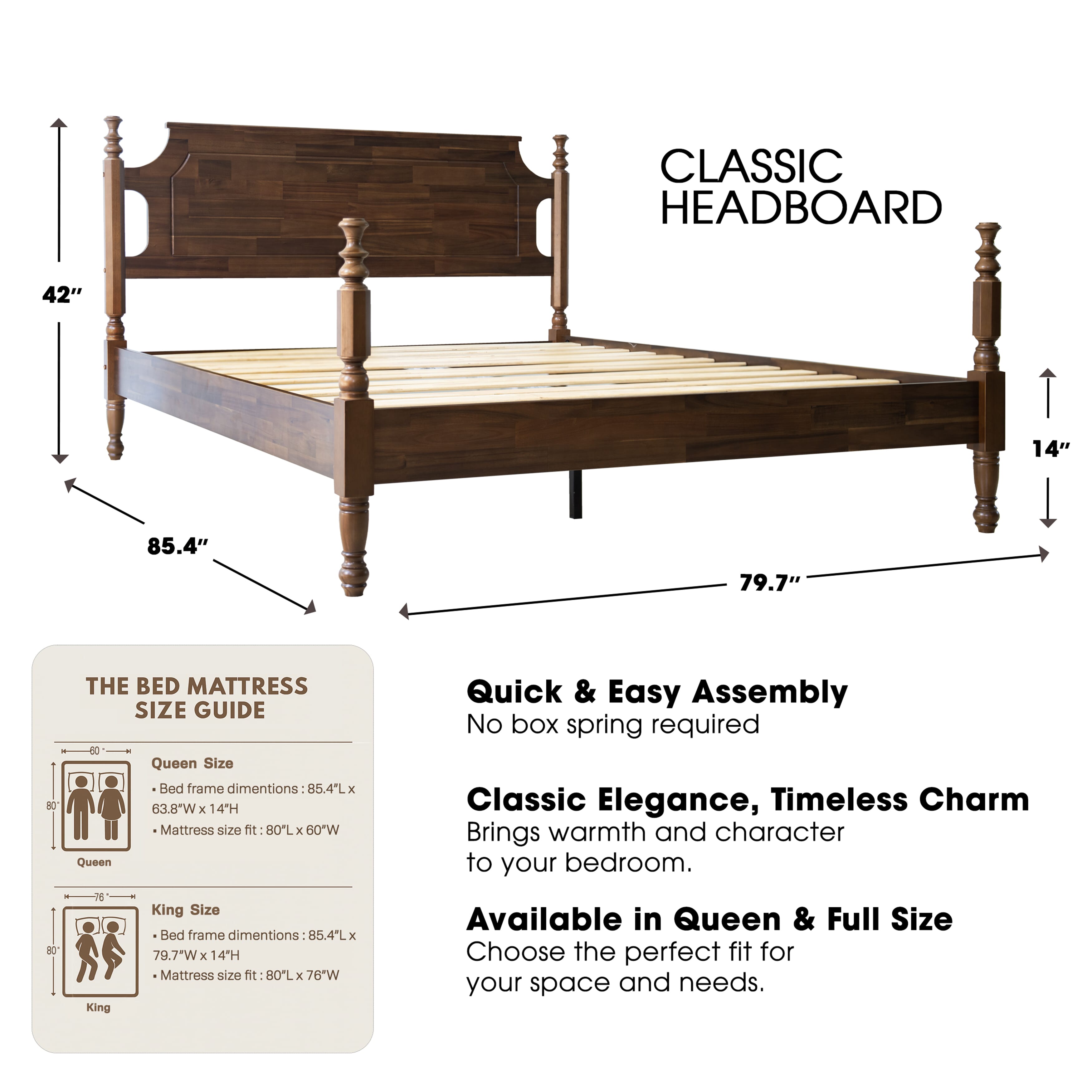 King Size Platform Bed Frame with Headboard & Footboard, Center Metal Legs with Solid Wood 12 Sturdy Slatted, Easy Assembly, No Box Spring Needed, Anti-Noise & Slip-Free, Walnut Finish, ROK-37