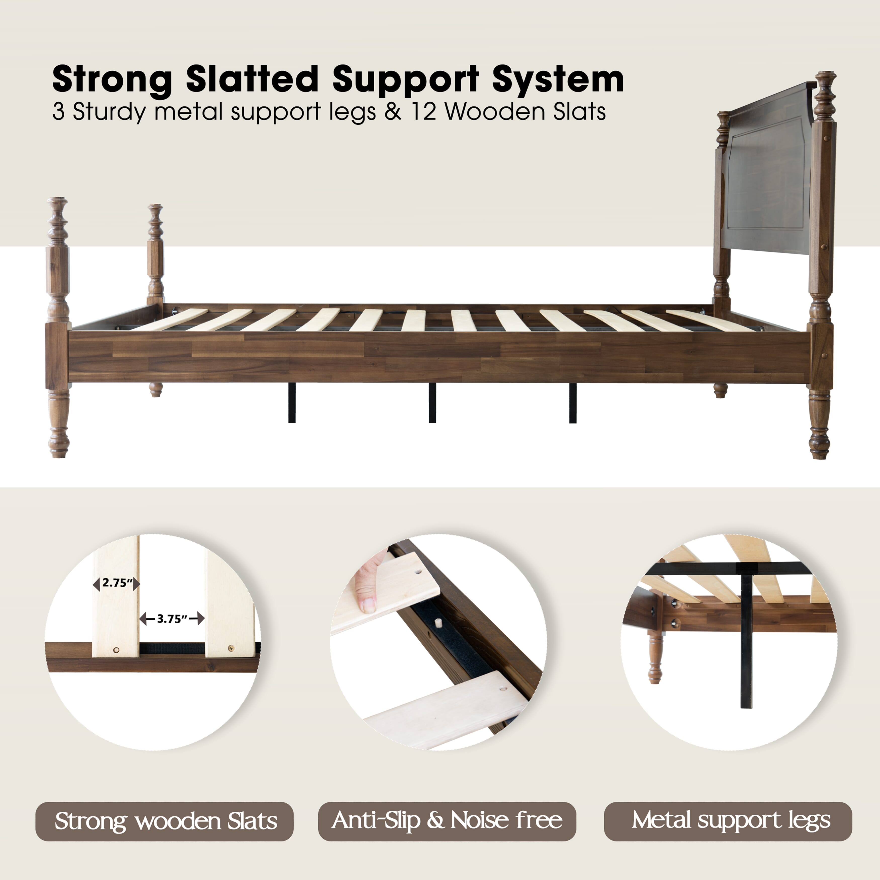 King Size Platform Bed Frame with Headboard & Footboard, Center Metal Legs with Solid Wood 12 Sturdy Slatted, Easy Assembly, No Box Spring Needed, Anti-Noise & Slip-Free, Walnut Finish, ROK-37