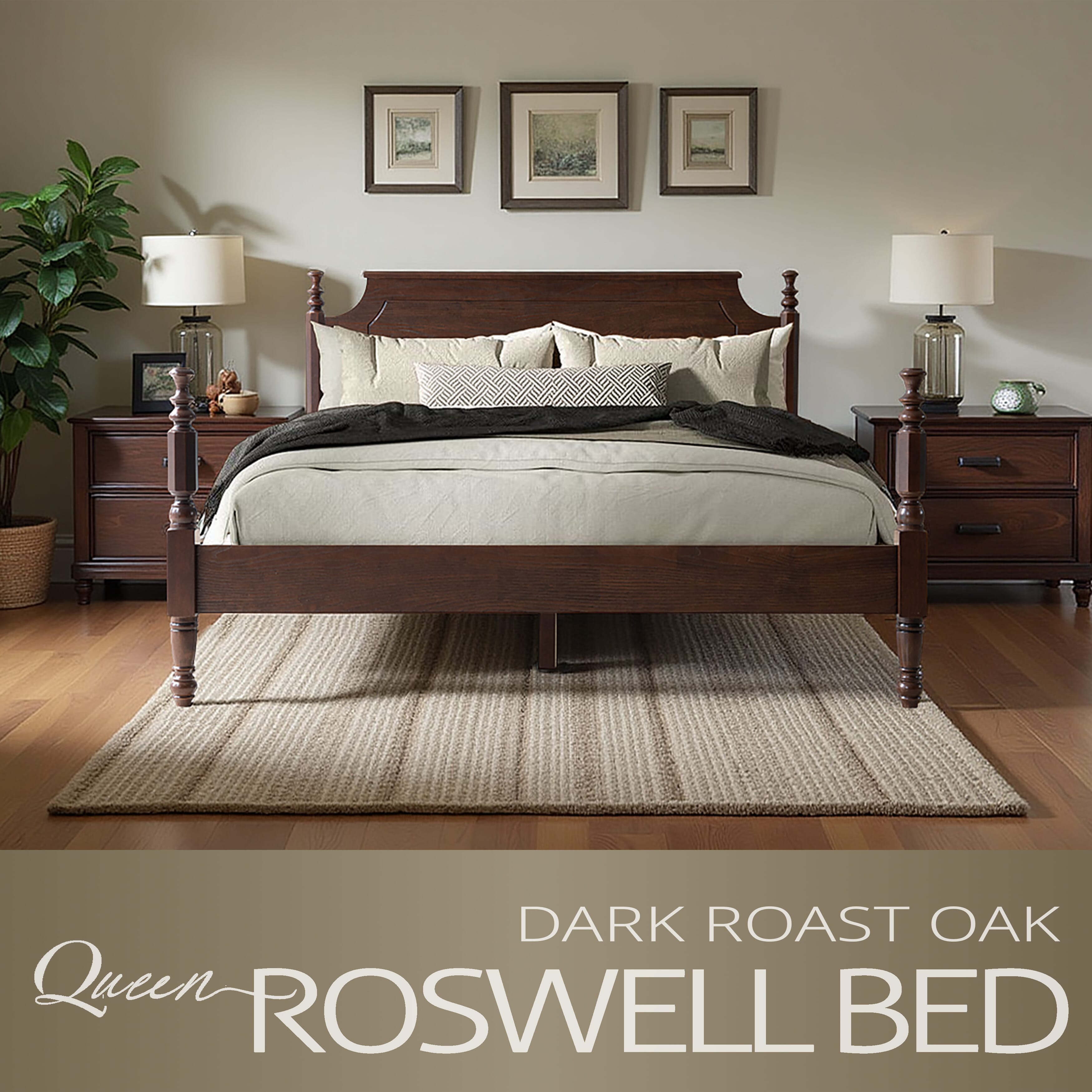 Queen Size Bed Frame, Solid Wood Platform Bed with Headboard & Footboard, Center Metal Legs, 12 Heavy-Duty Slatted, Noise Free, No Box Spring Needed, Easy Assembly, Dark Roast Oak Finish, ROQ-32