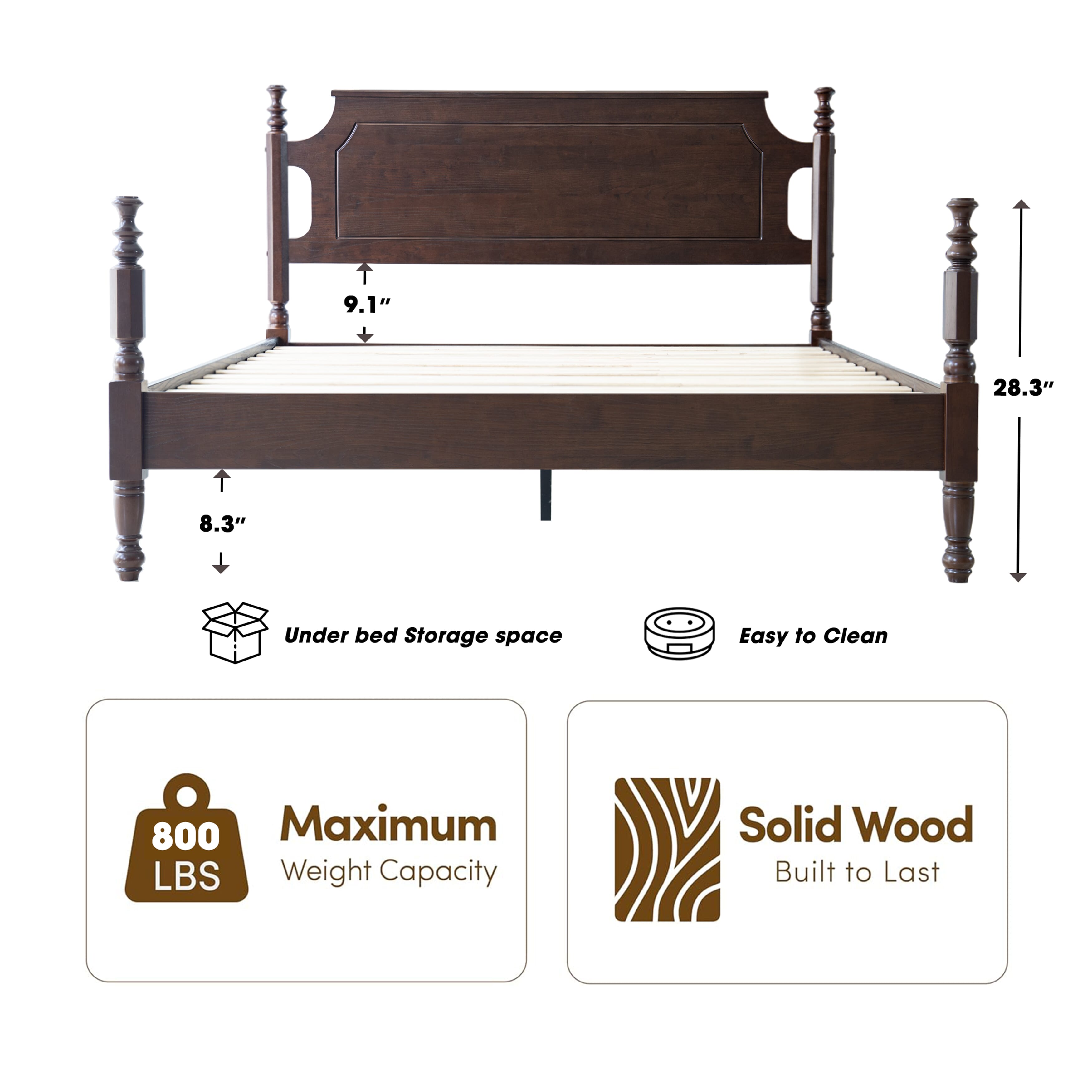 Queen Size Bed Frame, Solid Wood Platform Bed with Headboard & Footboard, Center Metal Legs, 12 Heavy-Duty Slatted, Noise Free, No Box Spring Needed, Easy Assembly, Dark Roast Oak Finish, ROQ-32