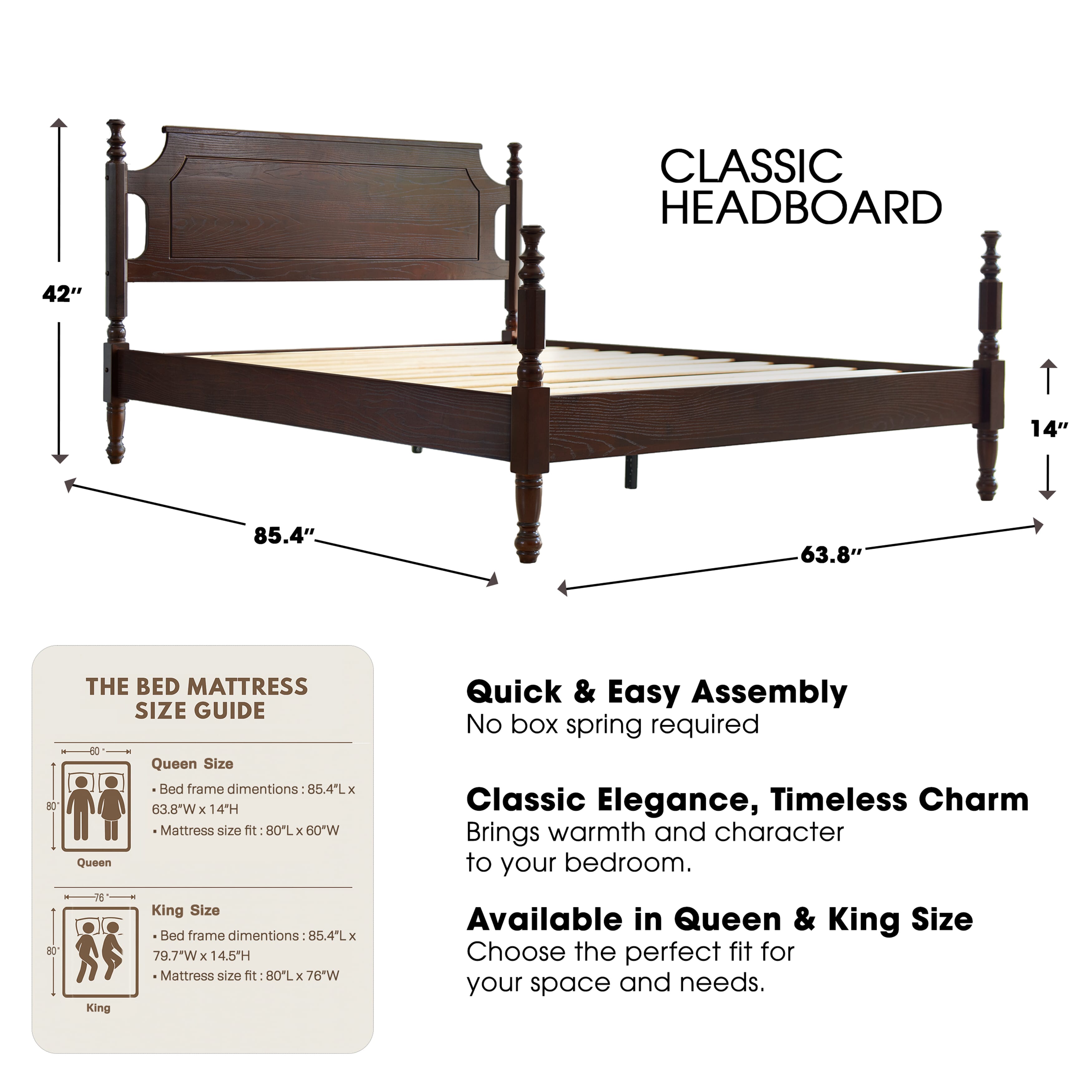Queen Size Bed Frame, Solid Wood Platform Bed with Headboard & Footboard, Center Metal Legs, 12 Heavy-Duty Slatted, Noise Free, No Box Spring Needed, Easy Assembly, Dark Roast Oak Finish, ROQ-32