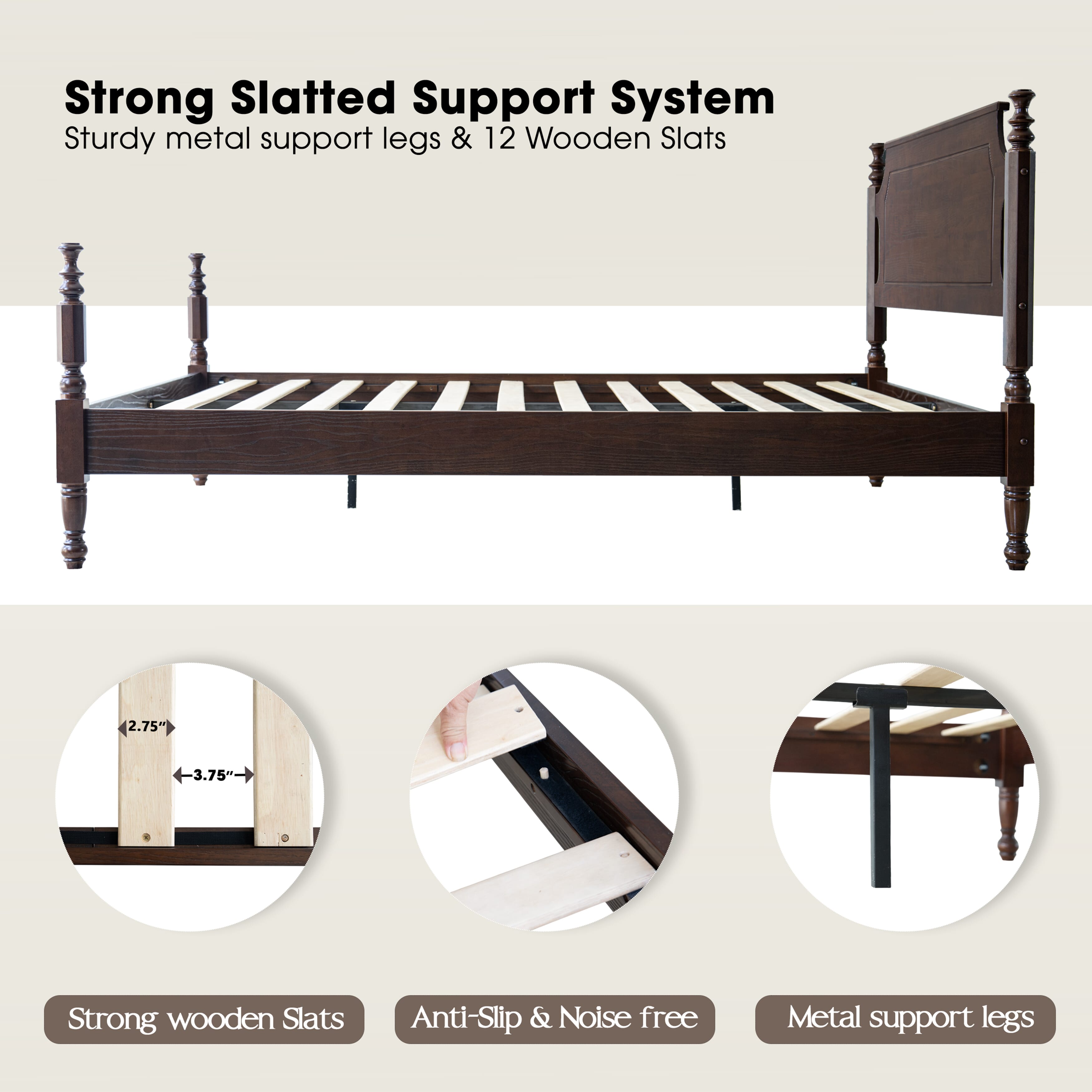 Queen Size Bed Frame, Solid Wood Platform Bed with Headboard & Footboard, Center Metal Legs, 12 Heavy-Duty Slatted, Noise Free, No Box Spring Needed, Easy Assembly, Dark Roast Oak Finish, ROQ-32