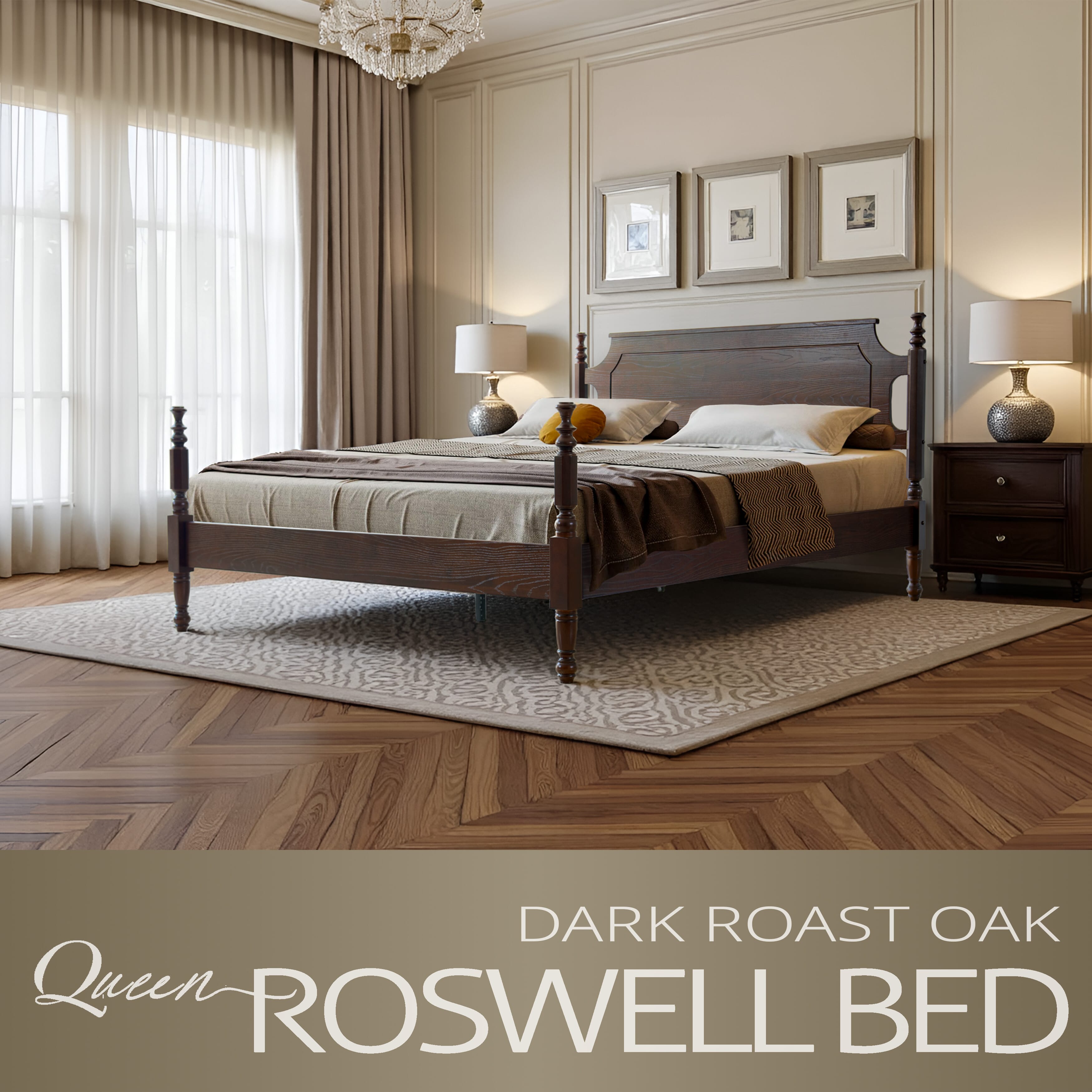 Queen Size Bed Frame, Solid Wood Platform Bed with Headboard & Footboard, Center Metal Legs, 12 Heavy-Duty Slatted, Noise Free, No Box Spring Needed, Easy Assembly, Dark Roast Oak Finish, ROQ-32