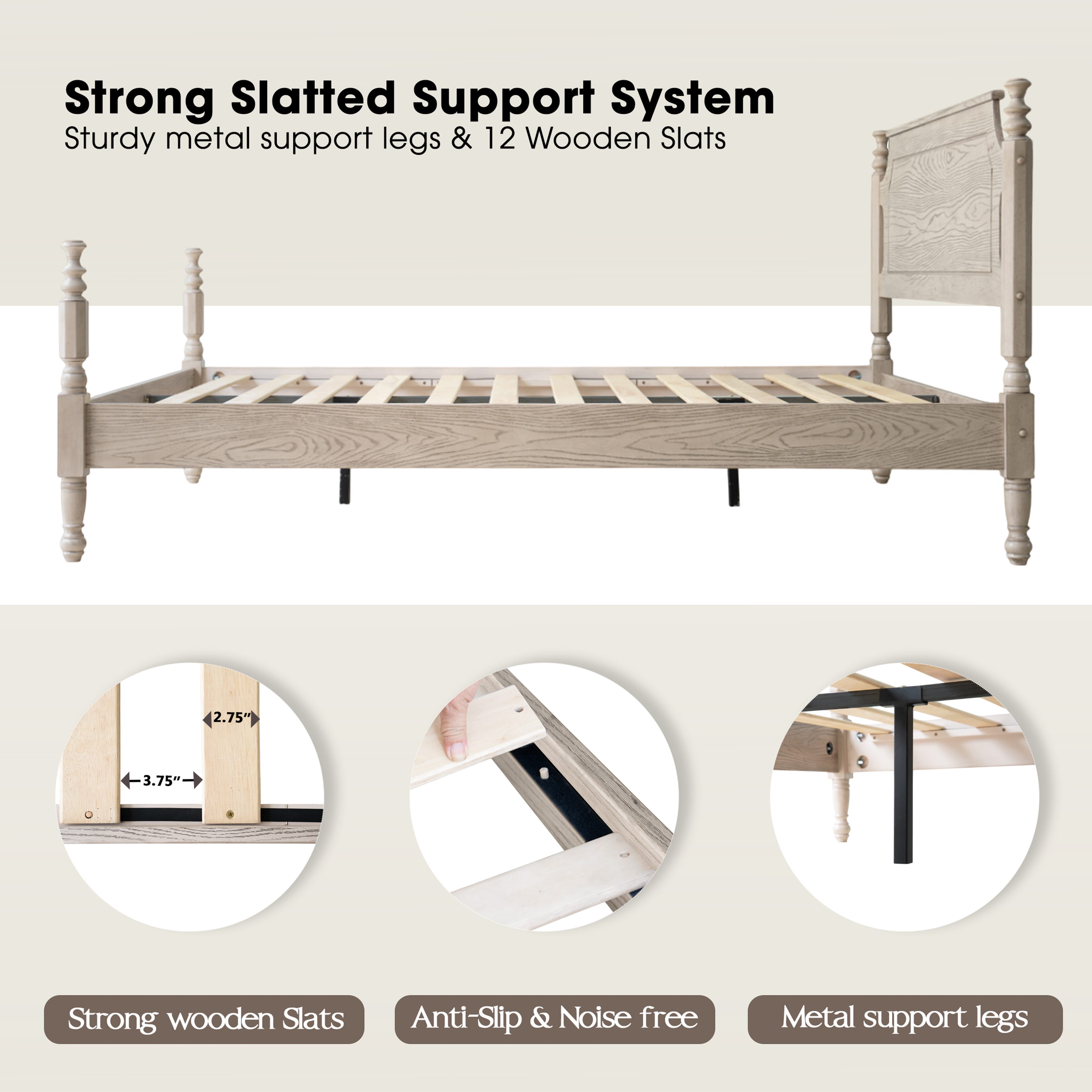 Queen Size Platform Bed Frame with Solid Wood Headboard & Footboard, Metal Legs, 12 Sturdy Slatted Base, Easy Assembly, Anti-Slip & Noise-Free, No Box Spring Needed, Driftwood Gray Oak Finish, ROQ-33