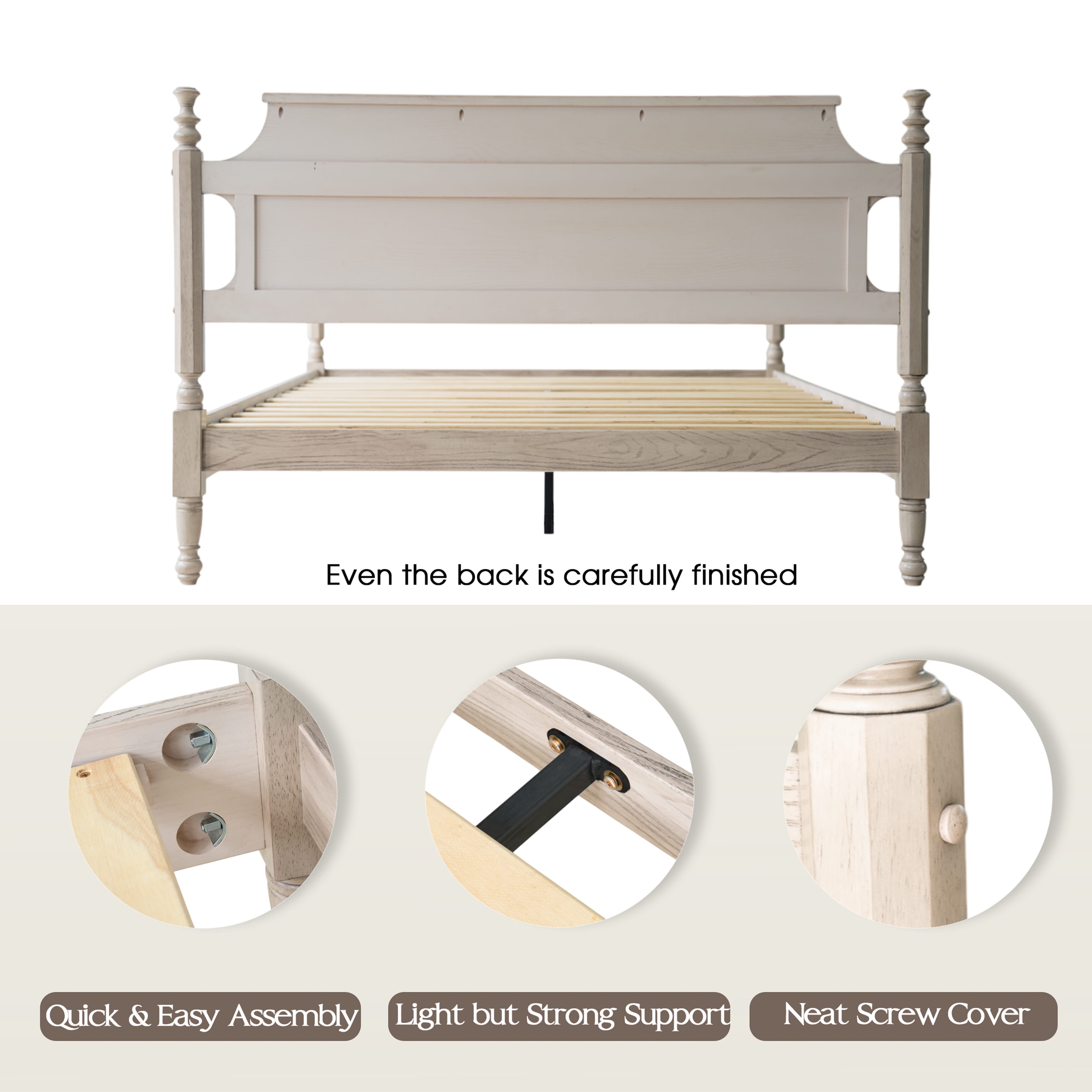 Queen Size Platform Bed Frame with Solid Wood Headboard & Footboard, Metal Legs, 12 Sturdy Slatted Base, Easy Assembly, Anti-Slip & Noise-Free, No Box Spring Needed, Driftwood Gray Oak Finish, ROQ-33