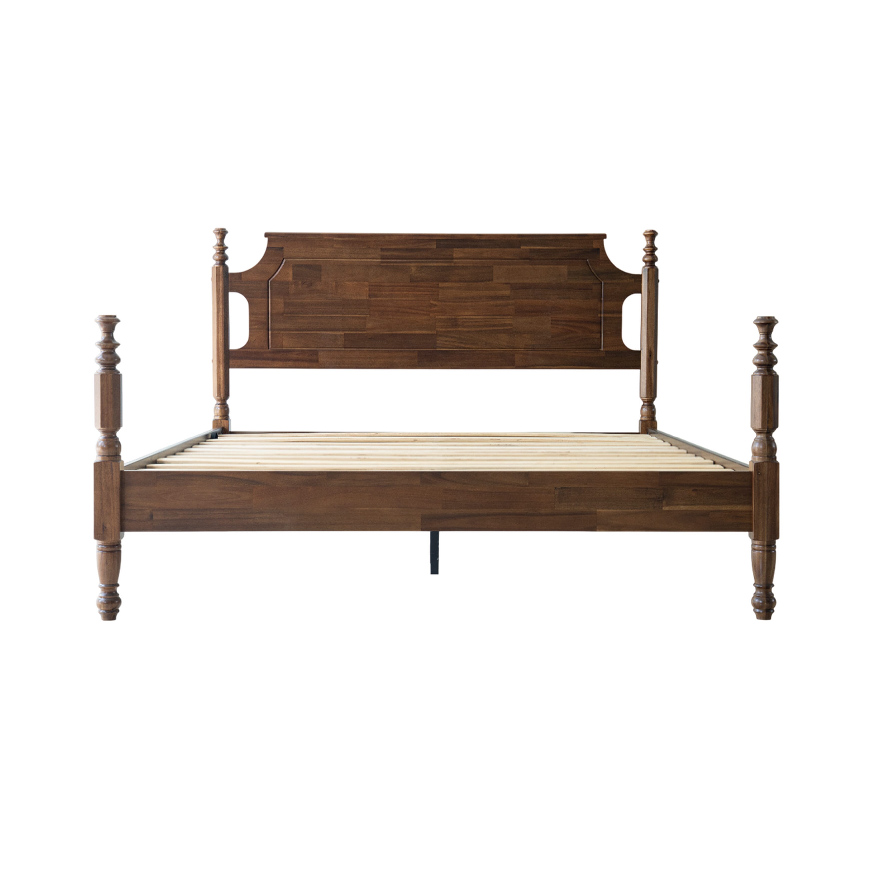 Queen Size Platform Bed Frame, Solid Wood Headboard & Footboard, Central Metal Legs with 12 Durable Slatted Base, Anti-Slip & Noise-Free, Easy Assembly, No Box Spring Needed, Walnut Finish, ROQ-37