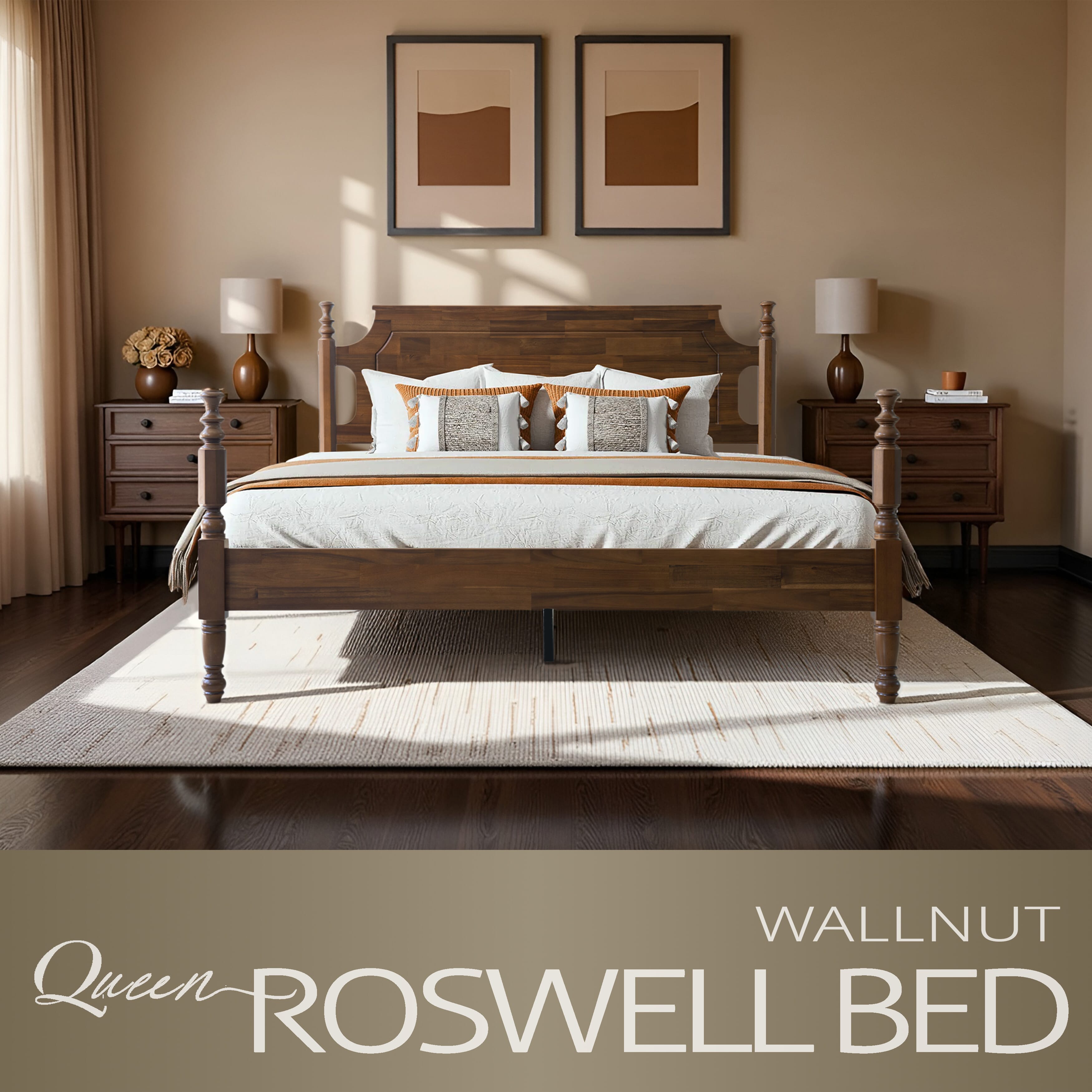 Queen Size Platform Bed Frame, Solid Wood Headboard & Footboard, Central Metal Legs with 12 Durable Slatted Base, Anti-Slip & Noise-Free, Easy Assembly, No Box Spring Needed, Walnut Finish, ROQ-37