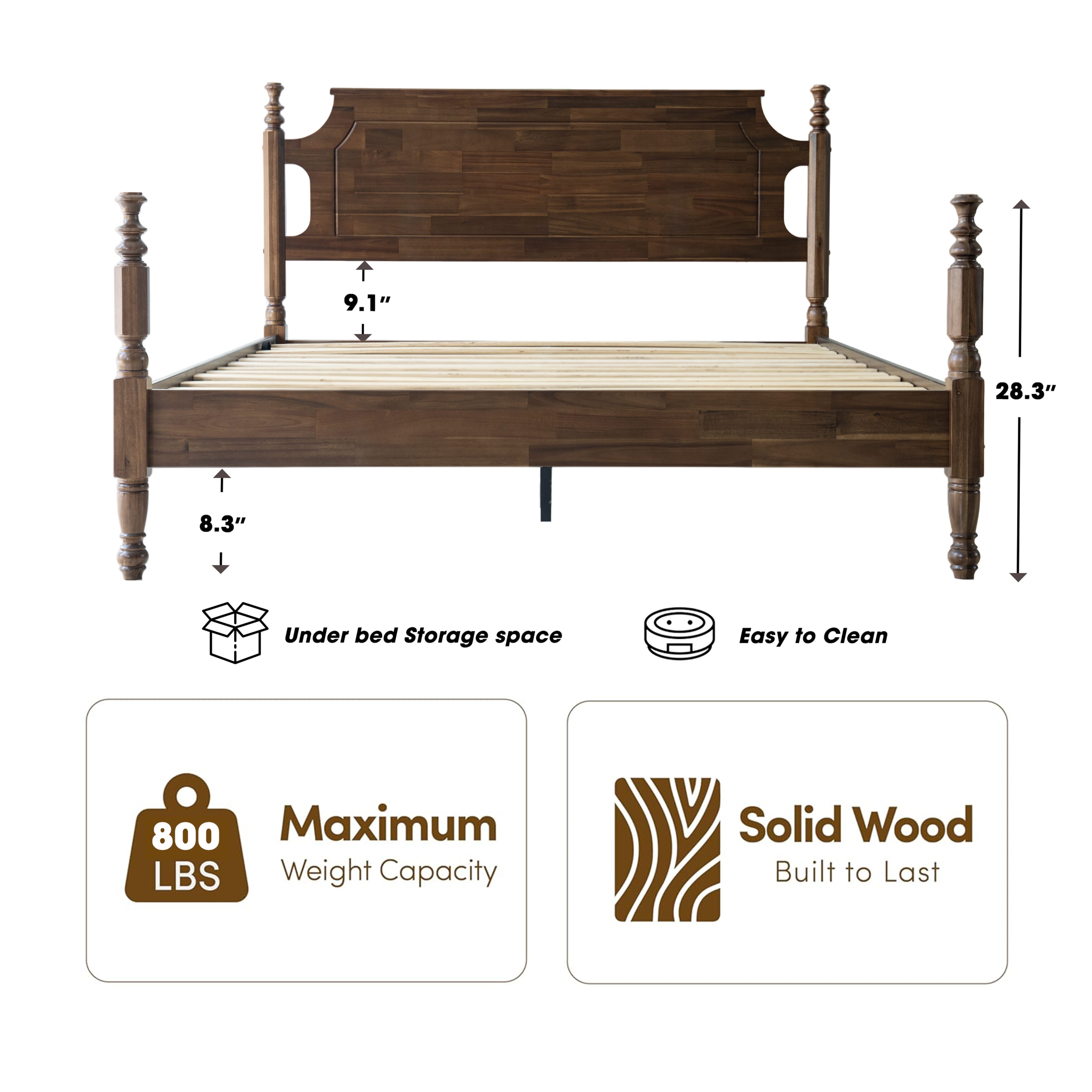 Queen Size Platform Bed Frame, Solid Wood Headboard & Footboard, Central Metal Legs with 12 Durable Slatted Base, Anti-Slip & Noise-Free, Easy Assembly, No Box Spring Needed, Walnut Finish, ROQ-37