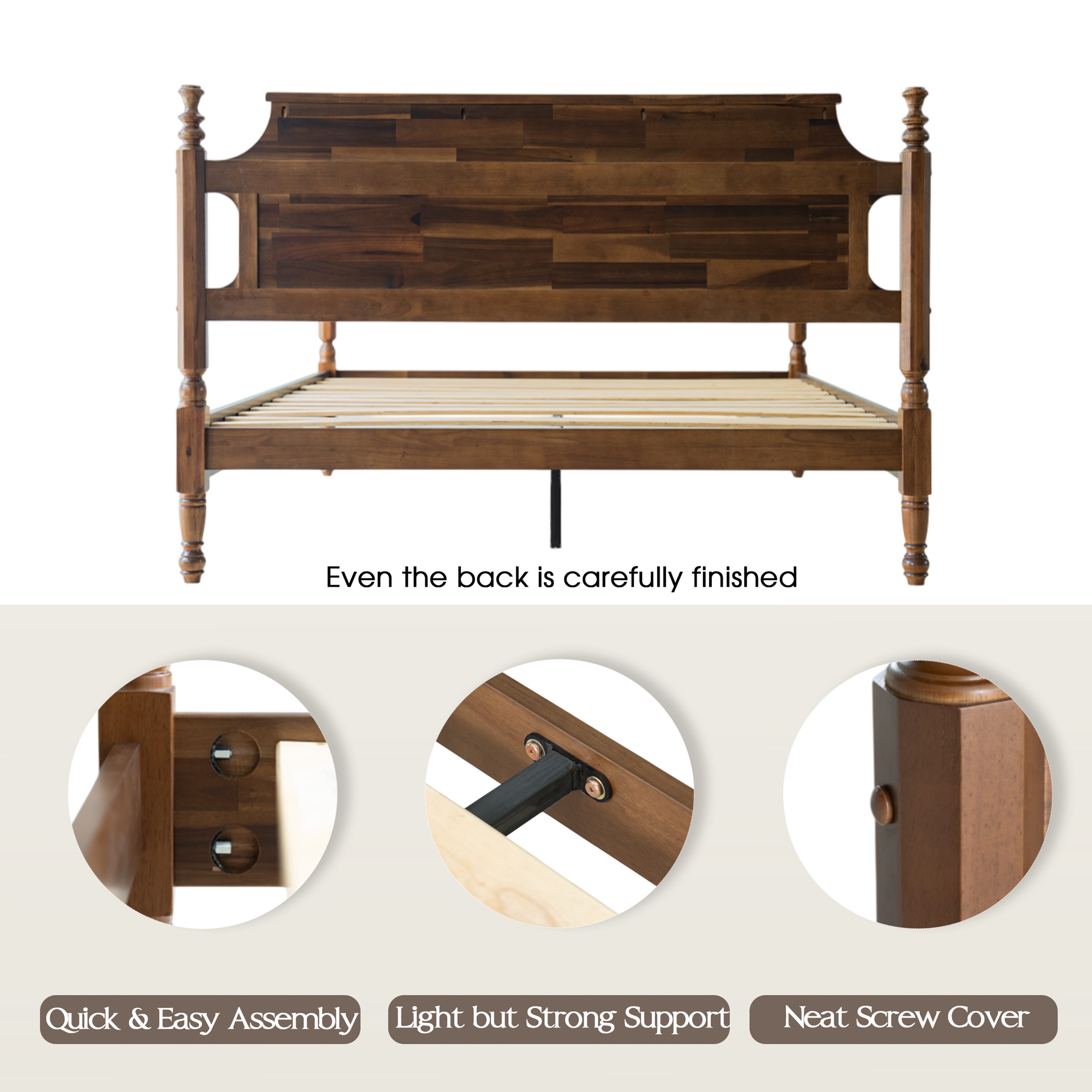 Queen Size Platform Bed Frame, Solid Wood Headboard & Footboard, Central Metal Legs with 12 Durable Slatted Base, Anti-Slip & Noise-Free, Easy Assembly, No Box Spring Needed, Walnut Finish, ROQ-37