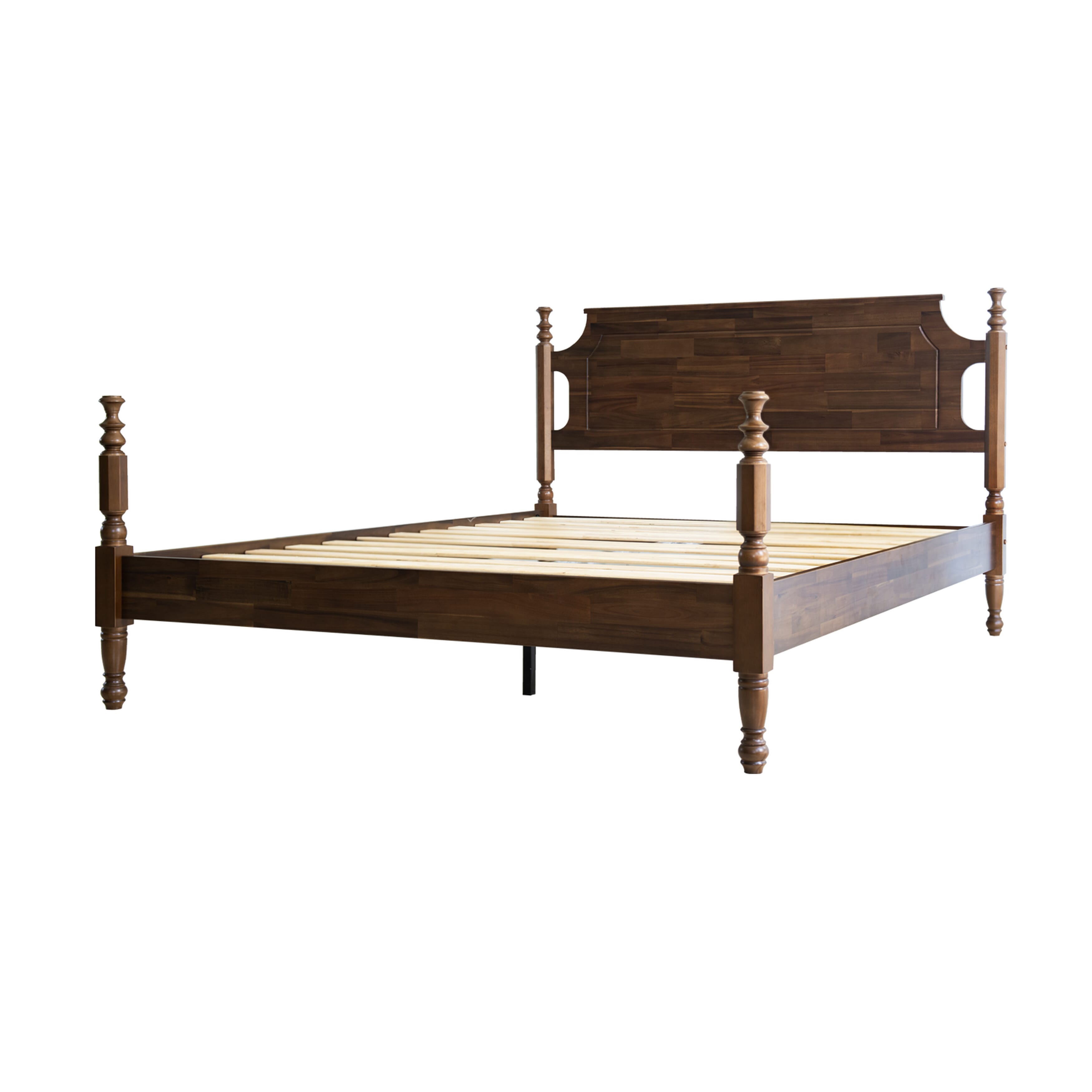 Queen Size Platform Bed Frame, Solid Wood Headboard & Footboard, Central Metal Legs with 12 Durable Slatted Base, Anti-Slip & Noise-Free, Easy Assembly, No Box Spring Needed, Walnut Finish, ROQ-37