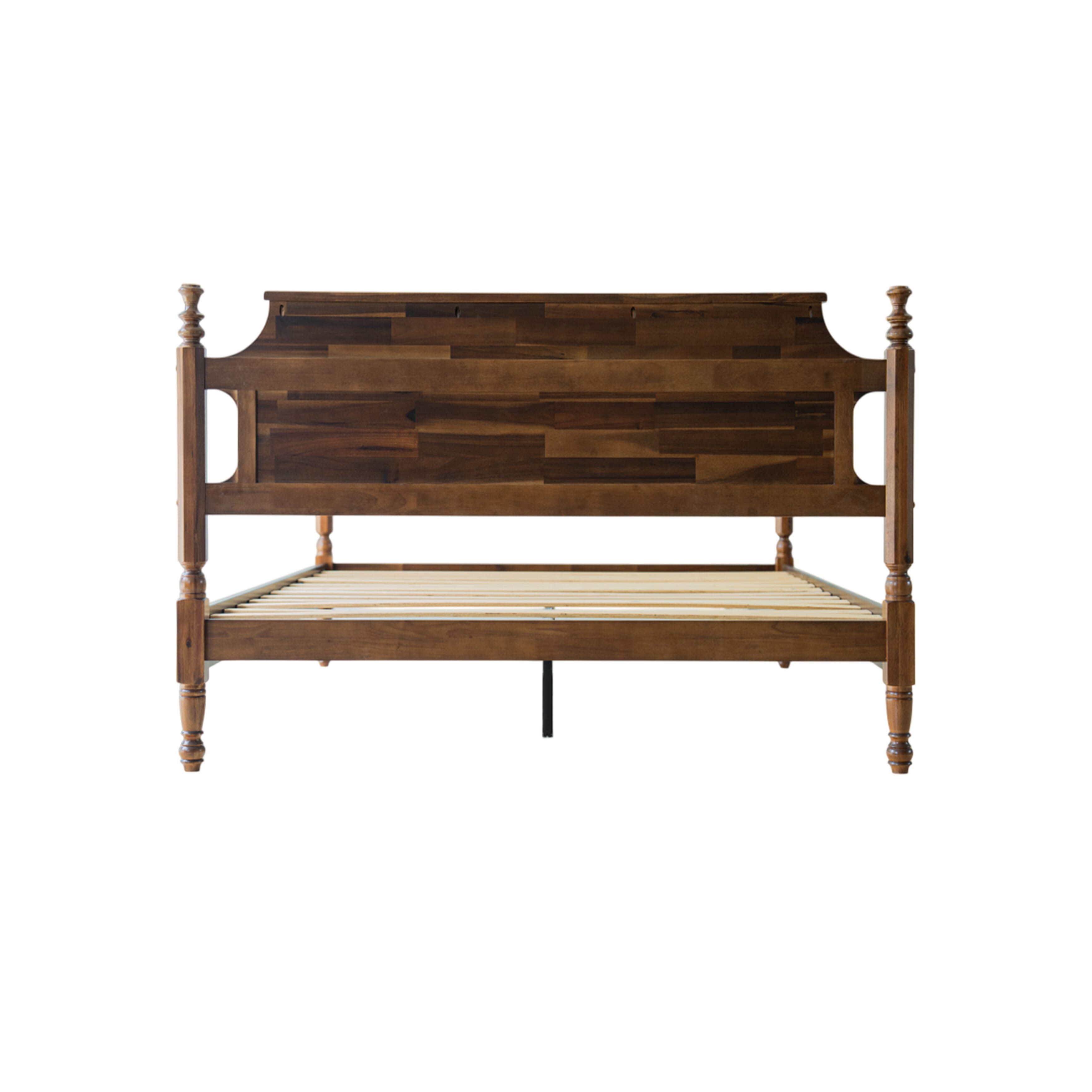 Queen Size Platform Bed Frame, Solid Wood Headboard & Footboard, Central Metal Legs with 12 Durable Slatted Base, Anti-Slip & Noise-Free, Easy Assembly, No Box Spring Needed, Walnut Finish, ROQ-37
