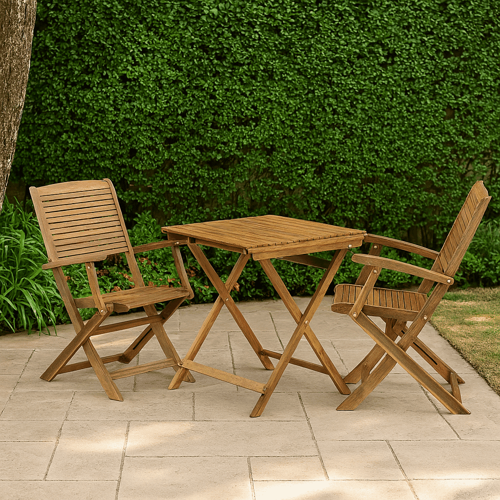 East West Furniture SEHD3CANA Juego de bistró para patio de 3 piezas El juego de mesa de madera contiene una mesa de centro cuadrada de madera de acacia para exteriores y 2 sillas plegables con brazos