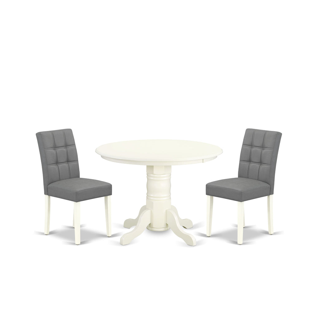 East West Furniture SHAS3-WHI-41 3 Piece Kitchen Table Set Includes A Kitchen Wood Table and 2 Platinum Gray Faux Leather Dining Chairs with Stylish Back- Linen White Finish