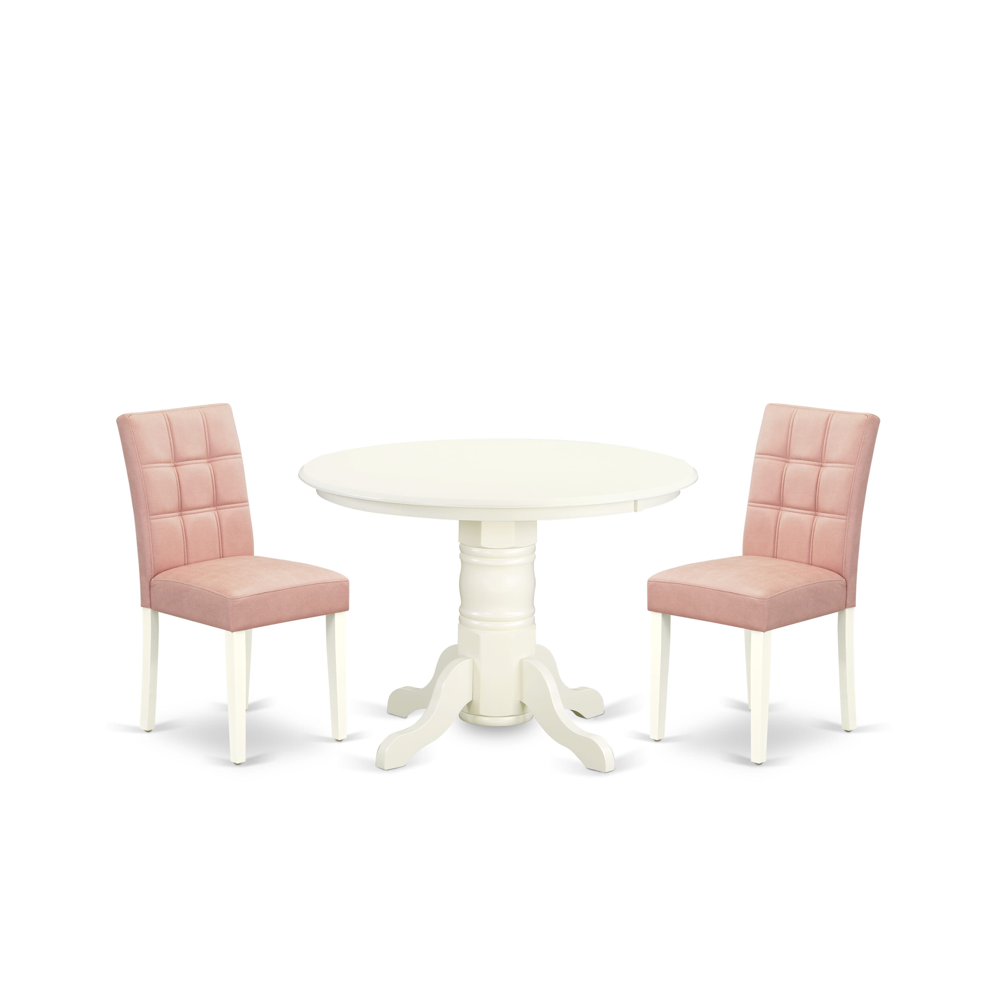 East West Furniture SHAS3-WHI-42 3 Piece Dinner Table Set contain A Mid-Century Dining Table and 2 Beige Red Faux Leather Parson Chairs with Stylish Back- Linen White Finish