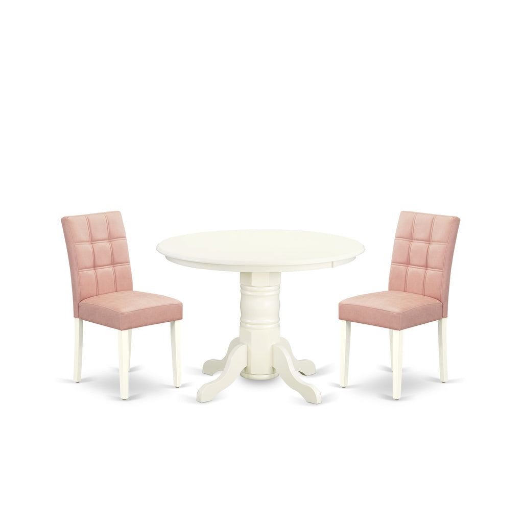 East West Furniture SHAS3-WHI-42 3 Piece Dinner Table Set contain A Mid-Century Dining Table and 2 Beige Red Faux Leather Parson Chairs with Stylish Back- Linen White Finish