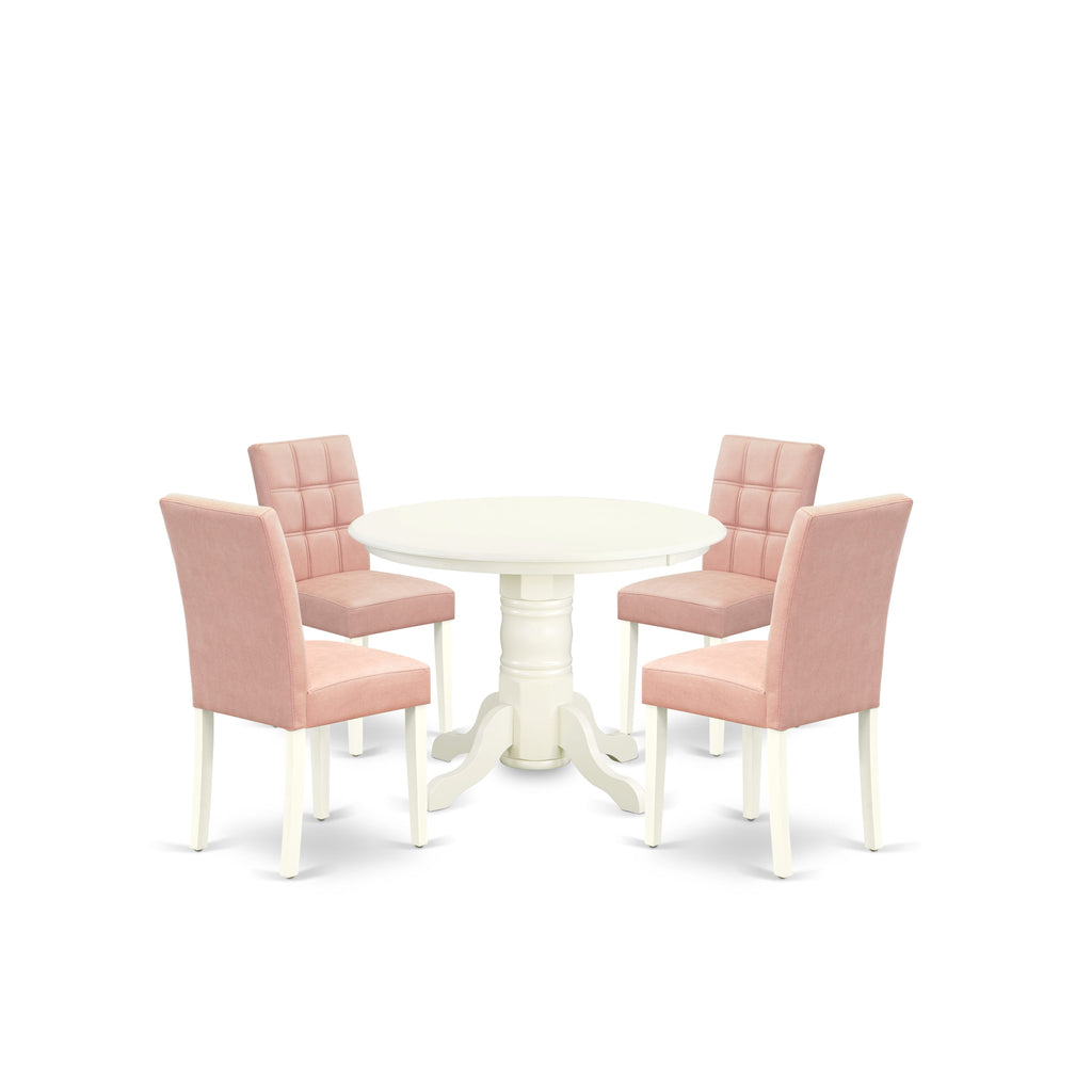 East West Furniture SHAS5-WHI-42 5 Piece Dinette Table Set Includes A Dining Table and 4 Beige Red Faux Leather Padded Chairs with Stylish Back- Linen White Finish