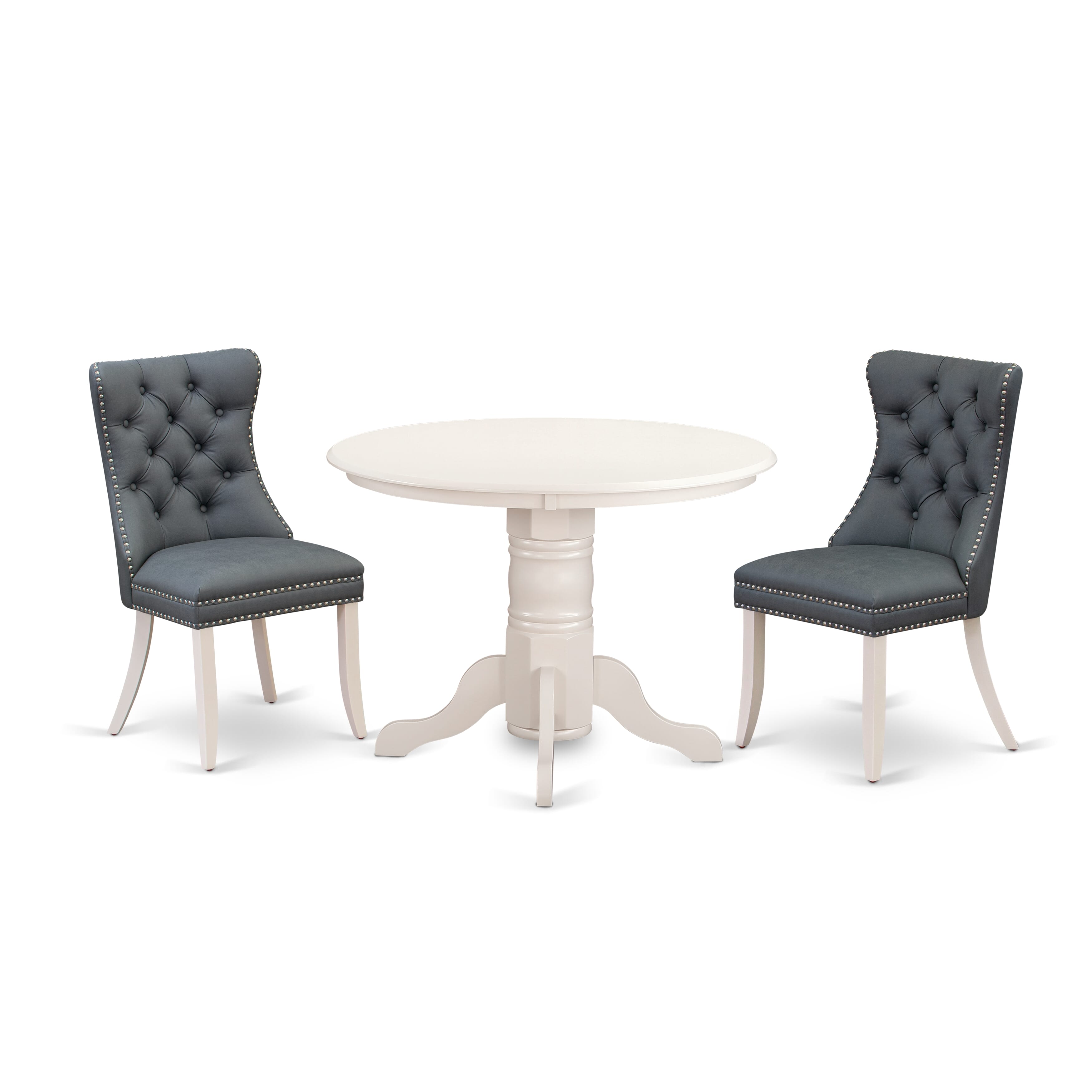 East West Furniture SHDA3-WHI-13 3 Piece Kitchen Table Set for Small Spaces Consists of a Round Dining Table with Pedestal and 2 Upholstered Chairs, 42x42 Inch, linen white