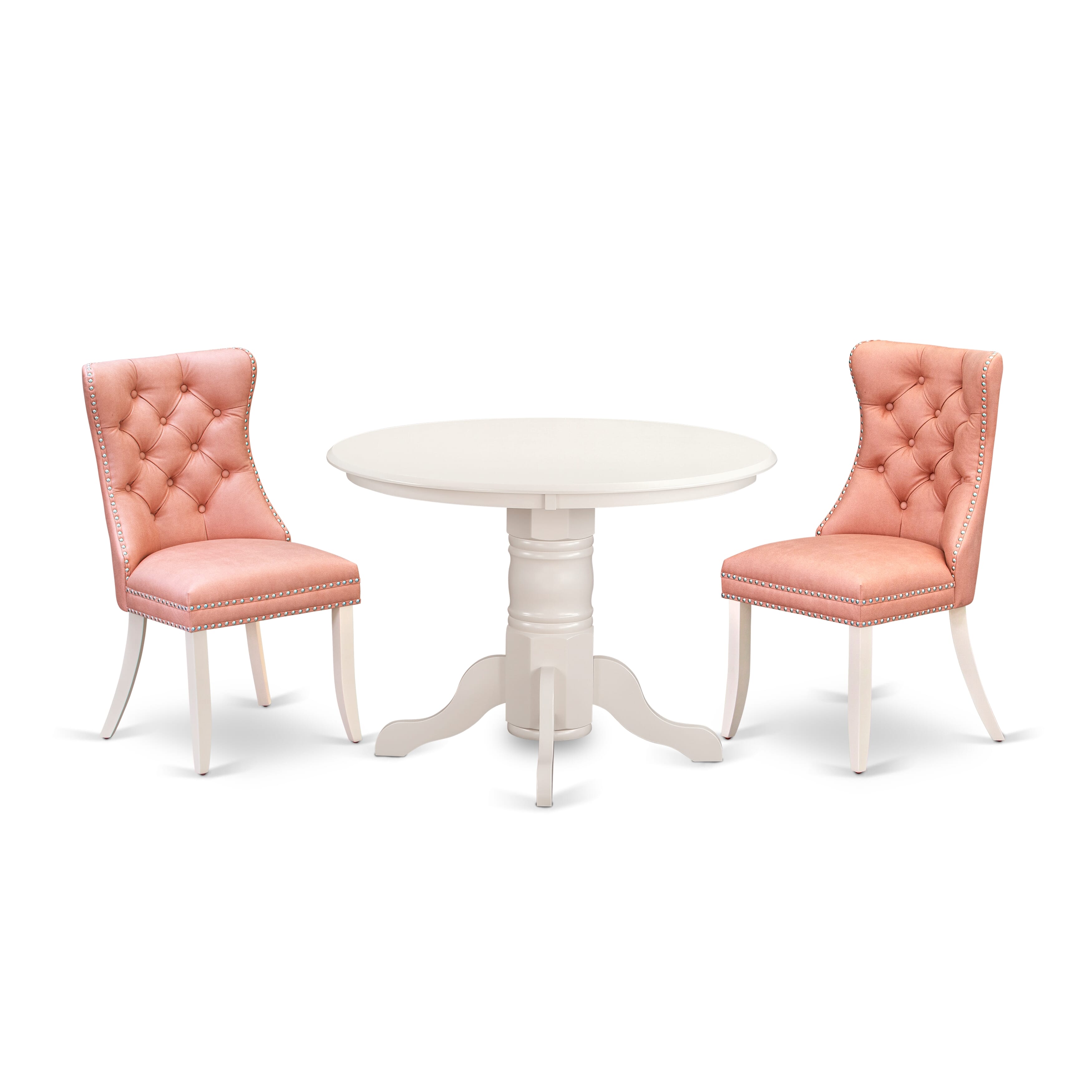 East West Furniture SHDA3-WHI-23 3 Piece Dining Room Table Set Consists of a Round Dining Table with Pedestal and 2 Upholstered Chairs, 42x42 Inch, linen white