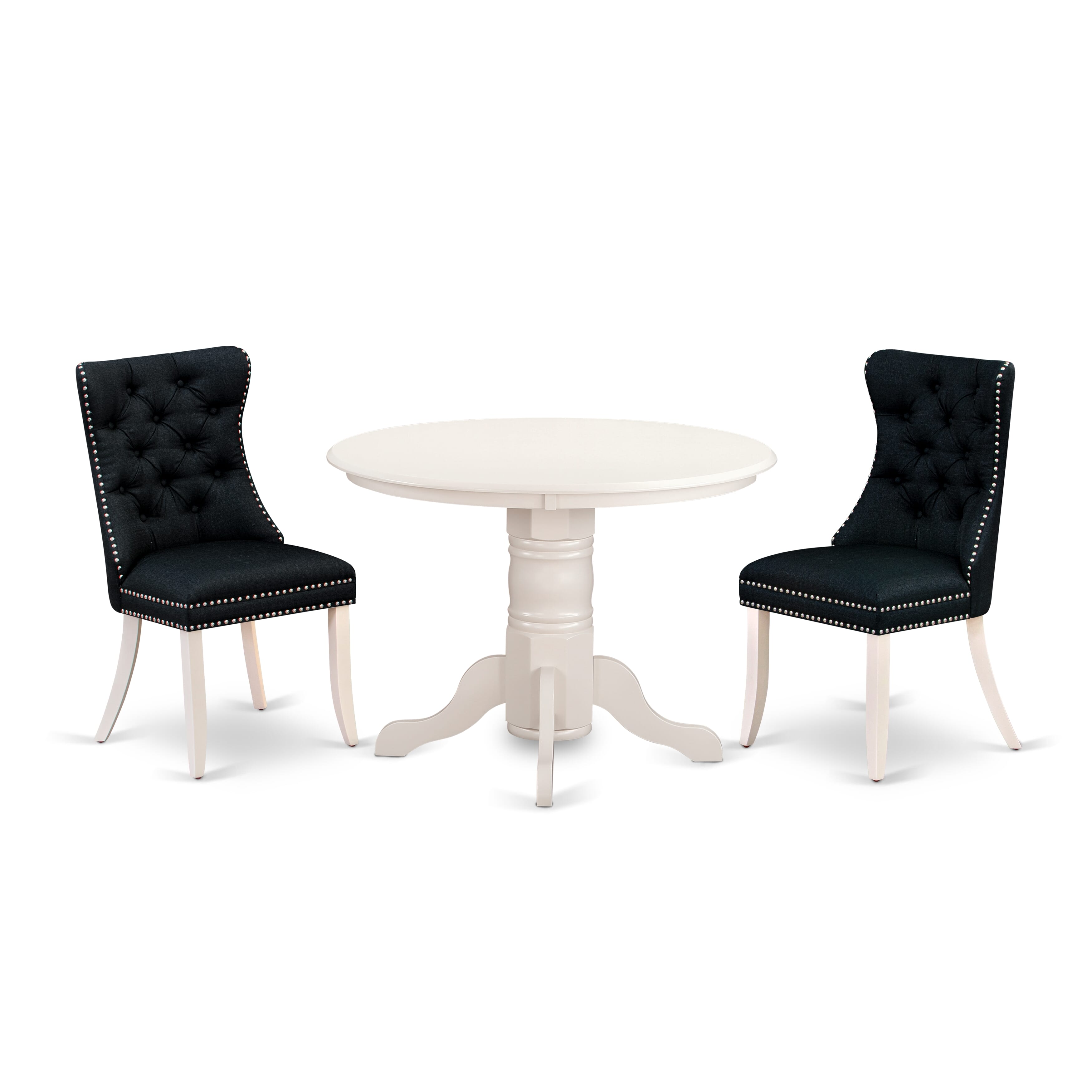 East West Furniture SHDA3-WHI-24 3 Piece Dining Room Furniture Set Includes a Round Wooden Table with Pedestal and 2 Padded Chairs, 42x42 Inch, linen white