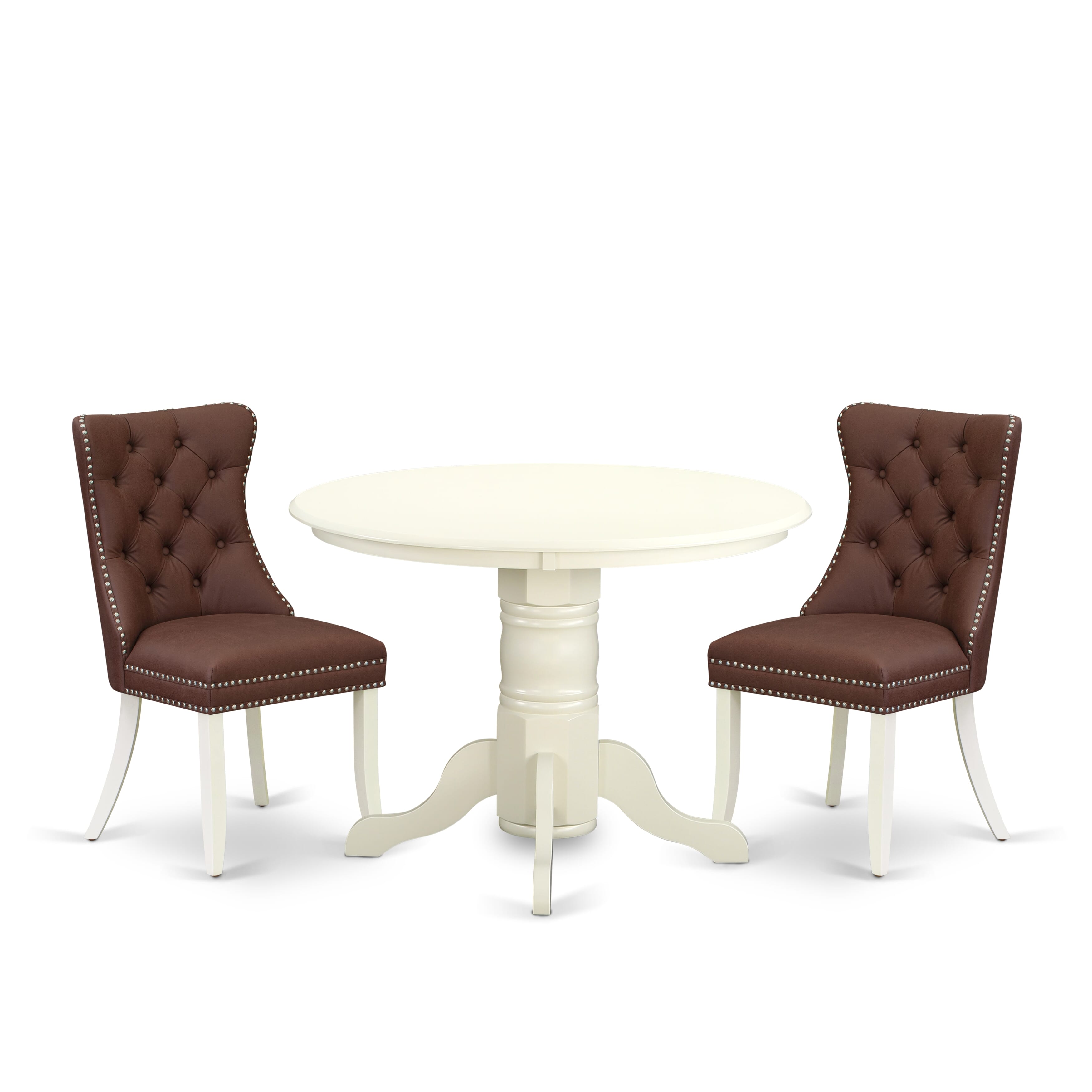 East West Furniture SHDA3-WHI-26 3 Piece Kitchen Table Set for Small SpacesIncludes a Round Dining Table with Pedestal and 2 Upholstered Chairs, 42x42 Inch, linen white