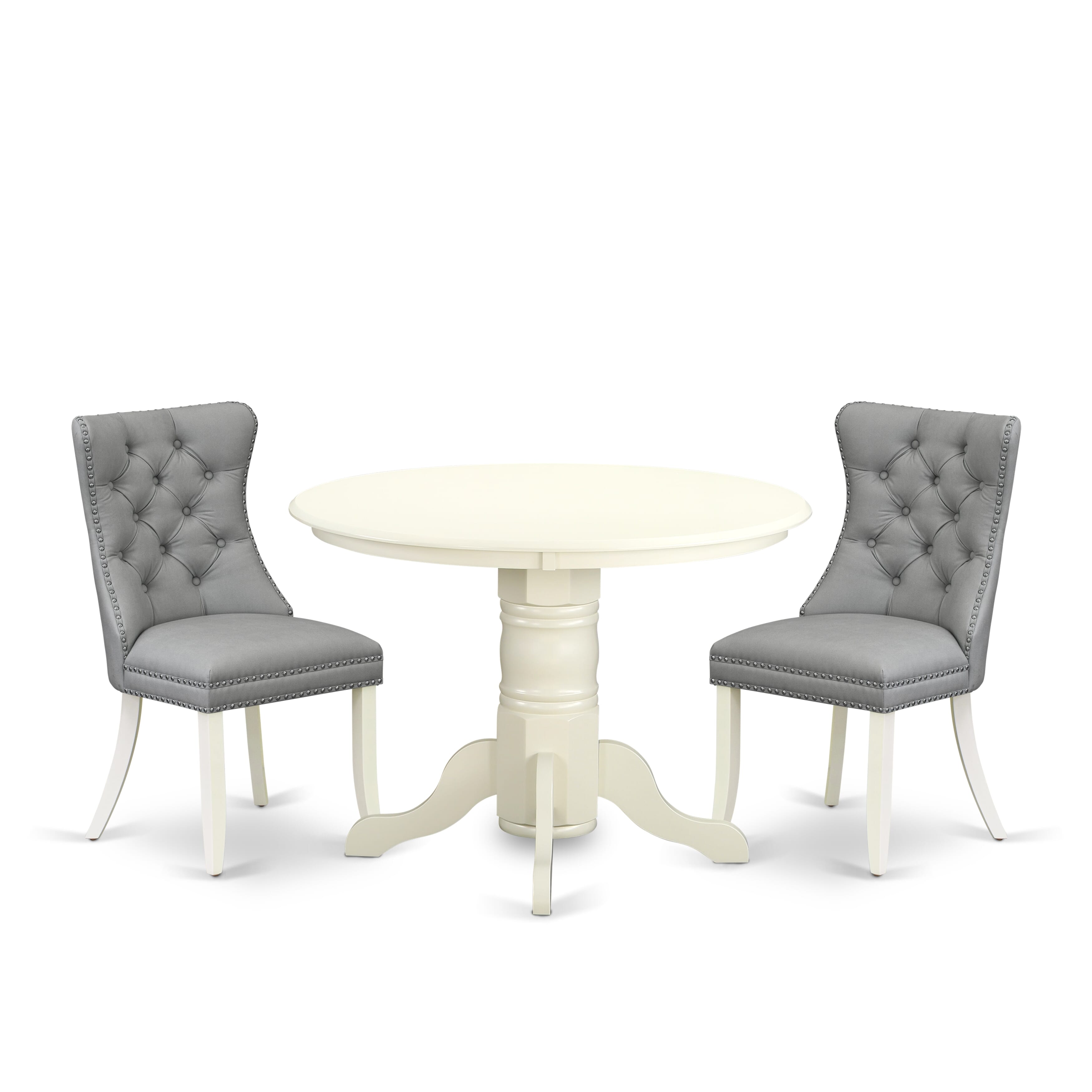 East West Furniture SHDA3-WHI-27 3 Piece Dinette Set Consists of a Round Kitchen Table with Pedestal and 2 Parson Dining Chairs, 42x42 Inch, linen white