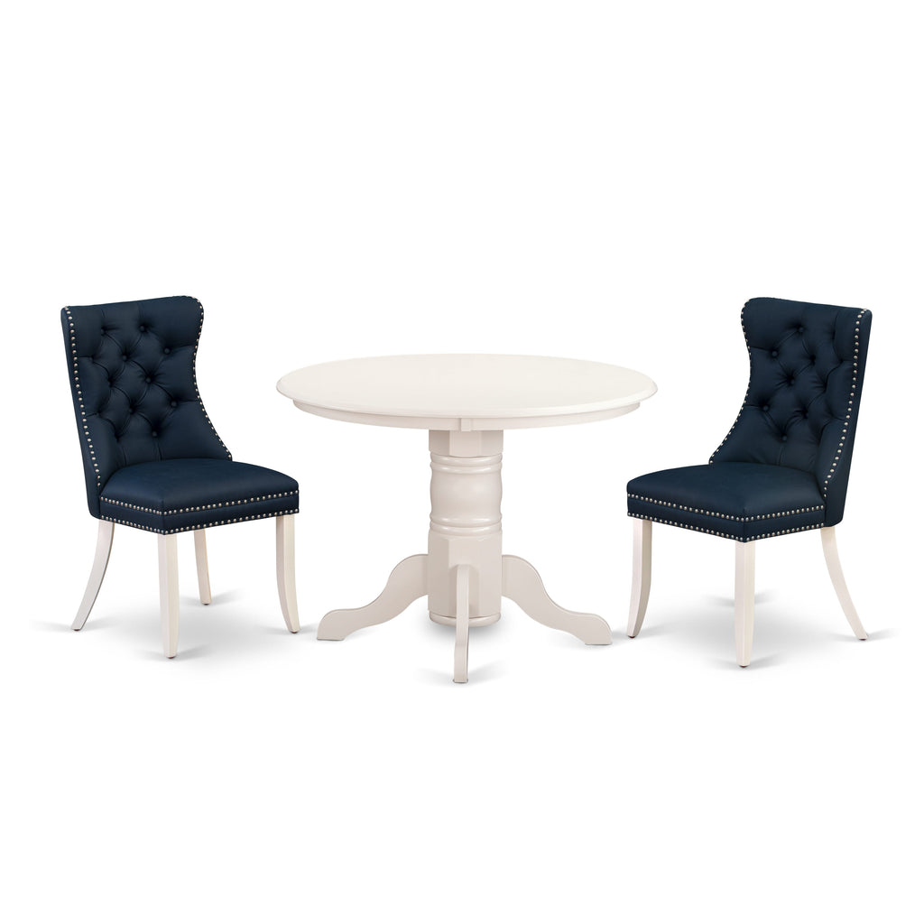 East West Furniture SHDA3-WHI-29 3 Piece Modern Dining Table Set Consists of a Round Kitchen Table with Pedestal and 2 Upholstered Chairs, 42x42 Inch, linen white